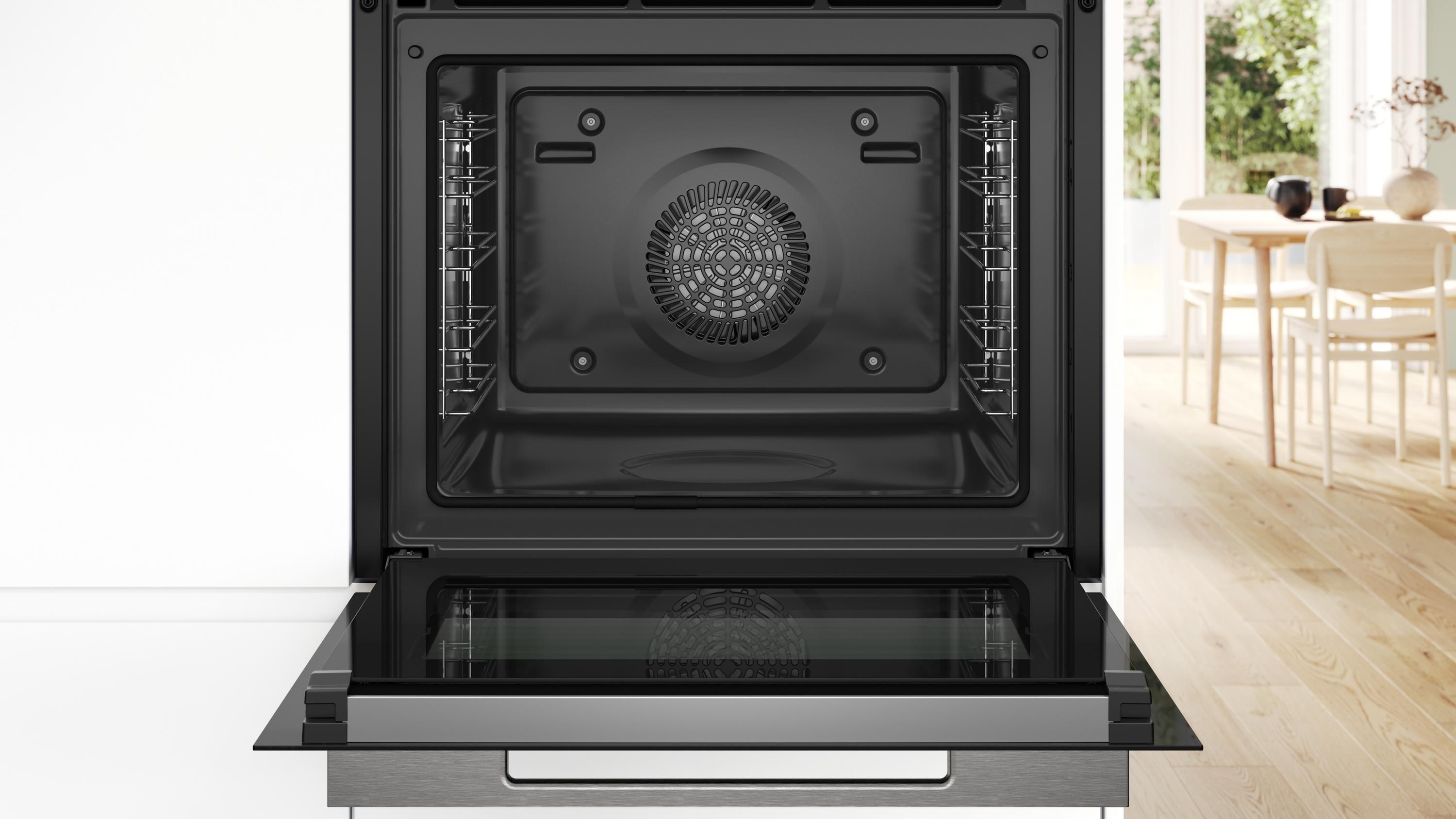Bosch HRG7764B1 Serie 8 Einbau-Backofen mit Dampfunterstützung, 71l, Air Fry, Pyrolyse, Home Connect, digitale Bedienring, manueller Dampfstoß, schwarz. A+