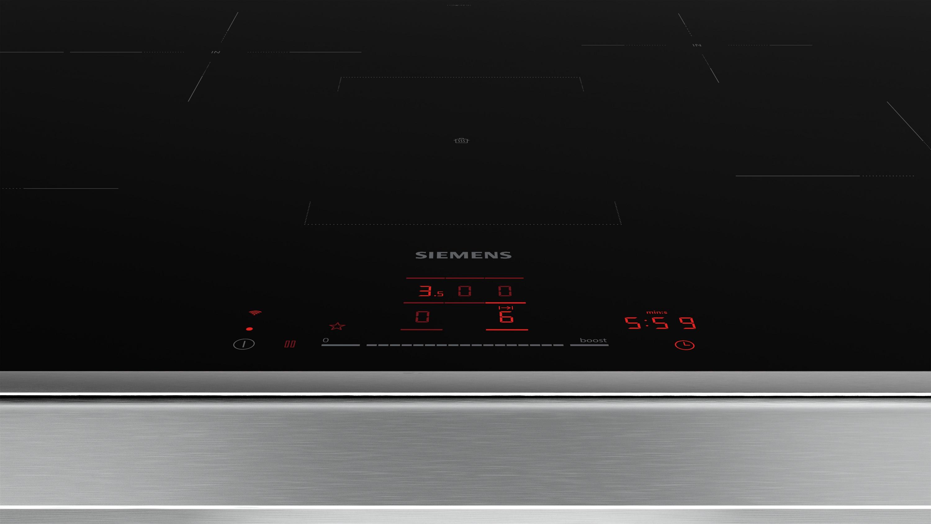 Siemens EH845HFB1E iQ300 Autarkes Induktionskochfeld, Glaskeramik, 80 cm breit, 17 Leistungsstufen, powerBoost, quickStart, Edelstahlrahmen, schwarz