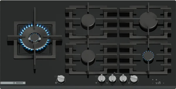 Bosch PRB3A6I40 Serie 8 Gaskochfeld, Glaskeramik Schwarz, Mit Rahmen aufliegend, 30 cm