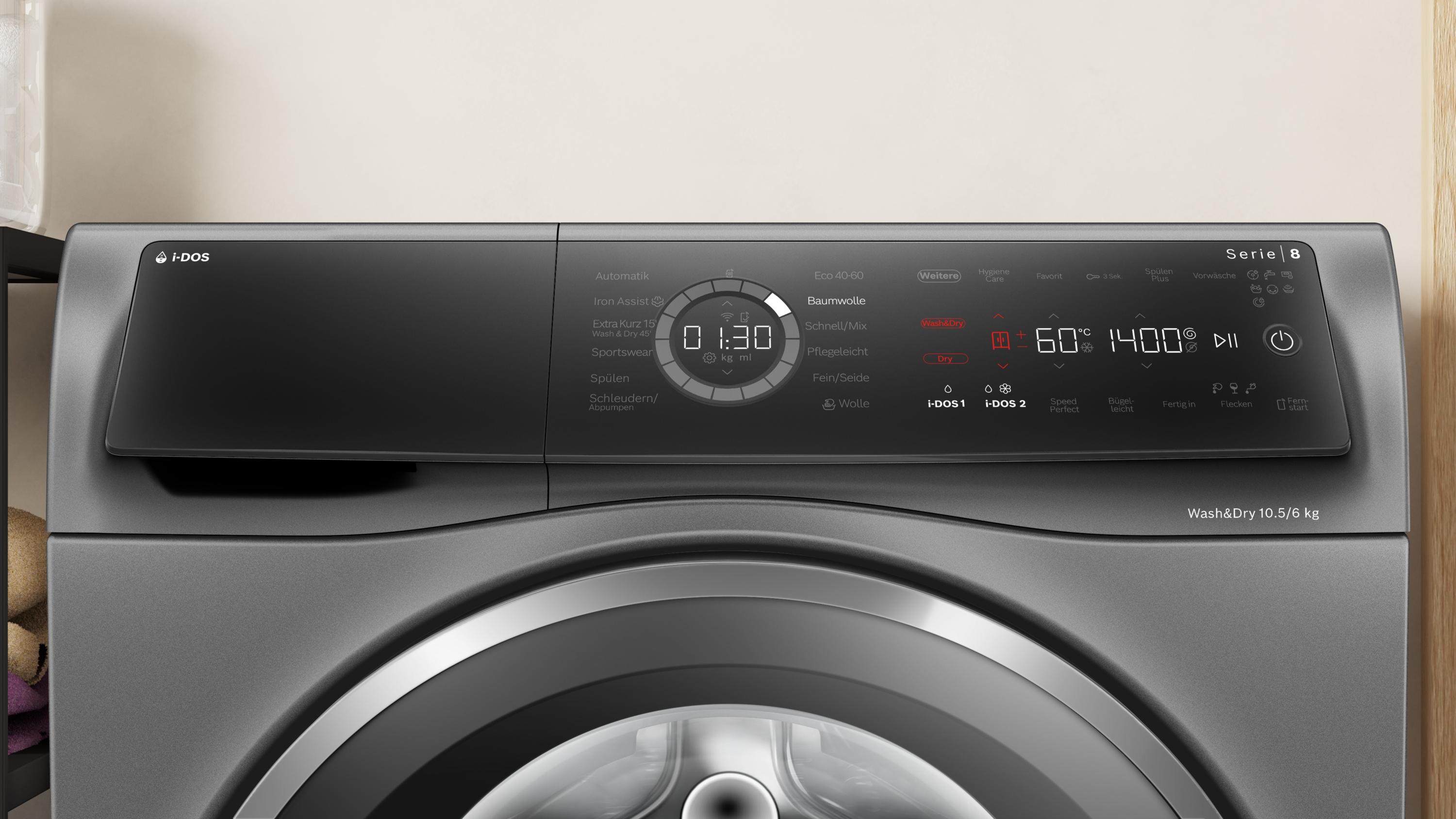 Bosch WNC254AS0 Serie 8 10,5/6 kg Waschtrockner, 1400 U/Min, 60 cm breit, Fleckenautomatik, AquaStop, Dosierautomatik i-DOS, Nachlegefunktion, Home Connect, silber-schwarzgrau