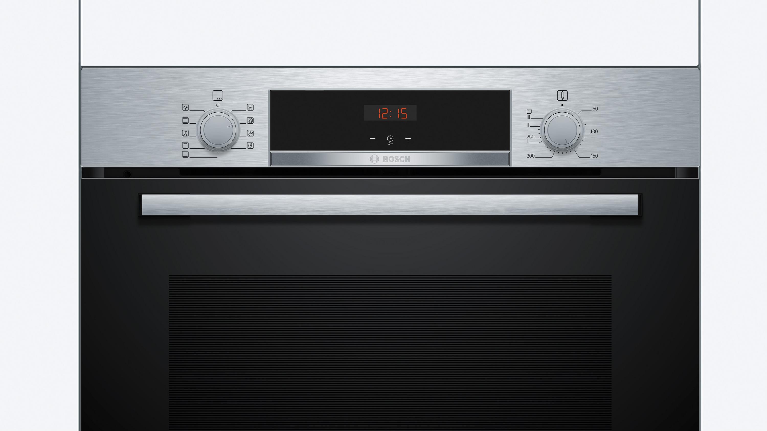 Bosch HBA514BS3 Serie 4  Einbaubackofen, 71 L, 60 cm breit, 3D-Heißluft, Hydrolytisch, Versenkknebel, Kindersicherung, Edelstahl, A+