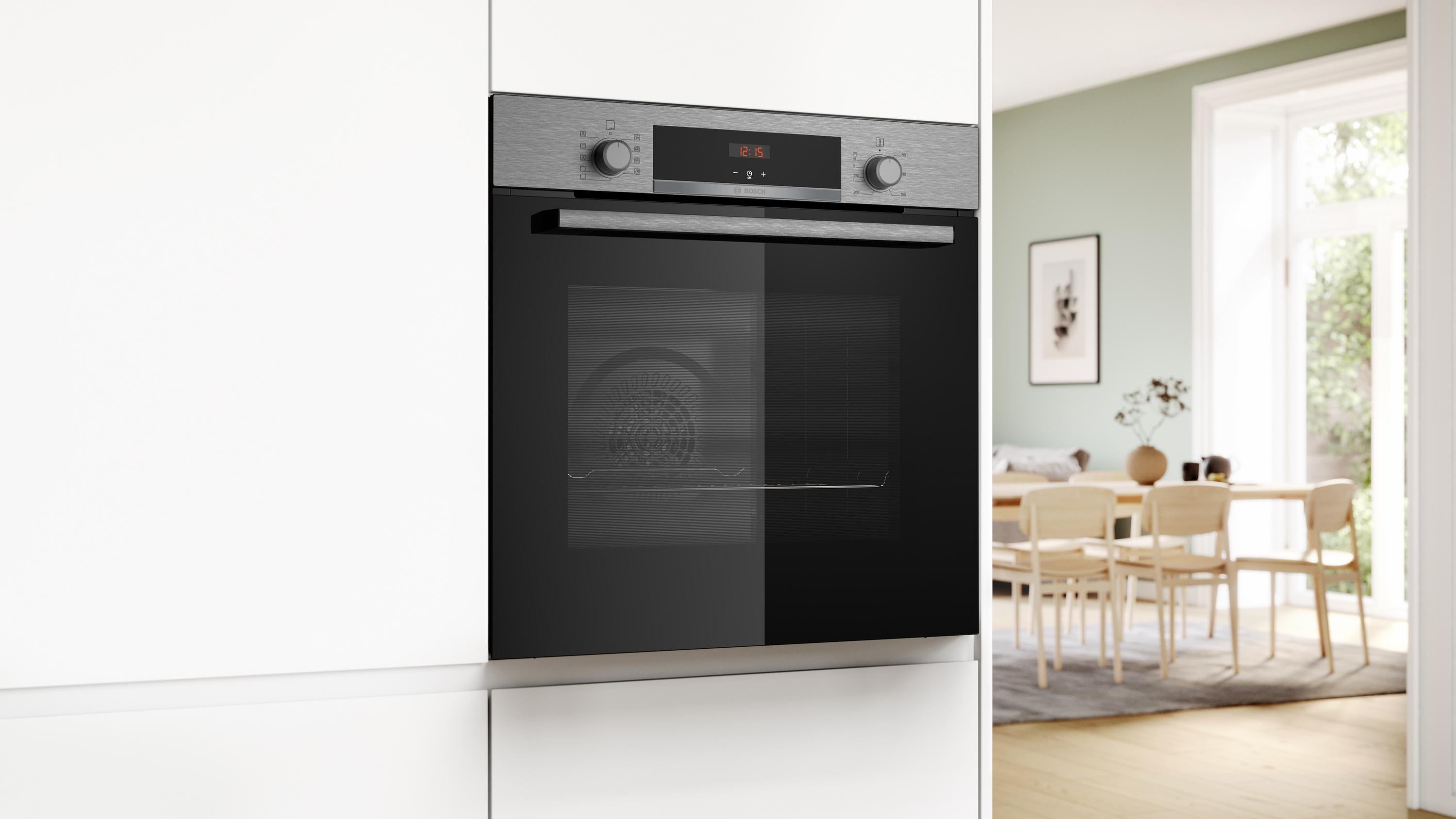 Bosch HBA514BS3 Serie 4  Einbaubackofen, 71 L, 60 cm breit, 3D-Heißluft, Hydrolytisch, Versenkknebel, Kindersicherung, Edelstahl, A+