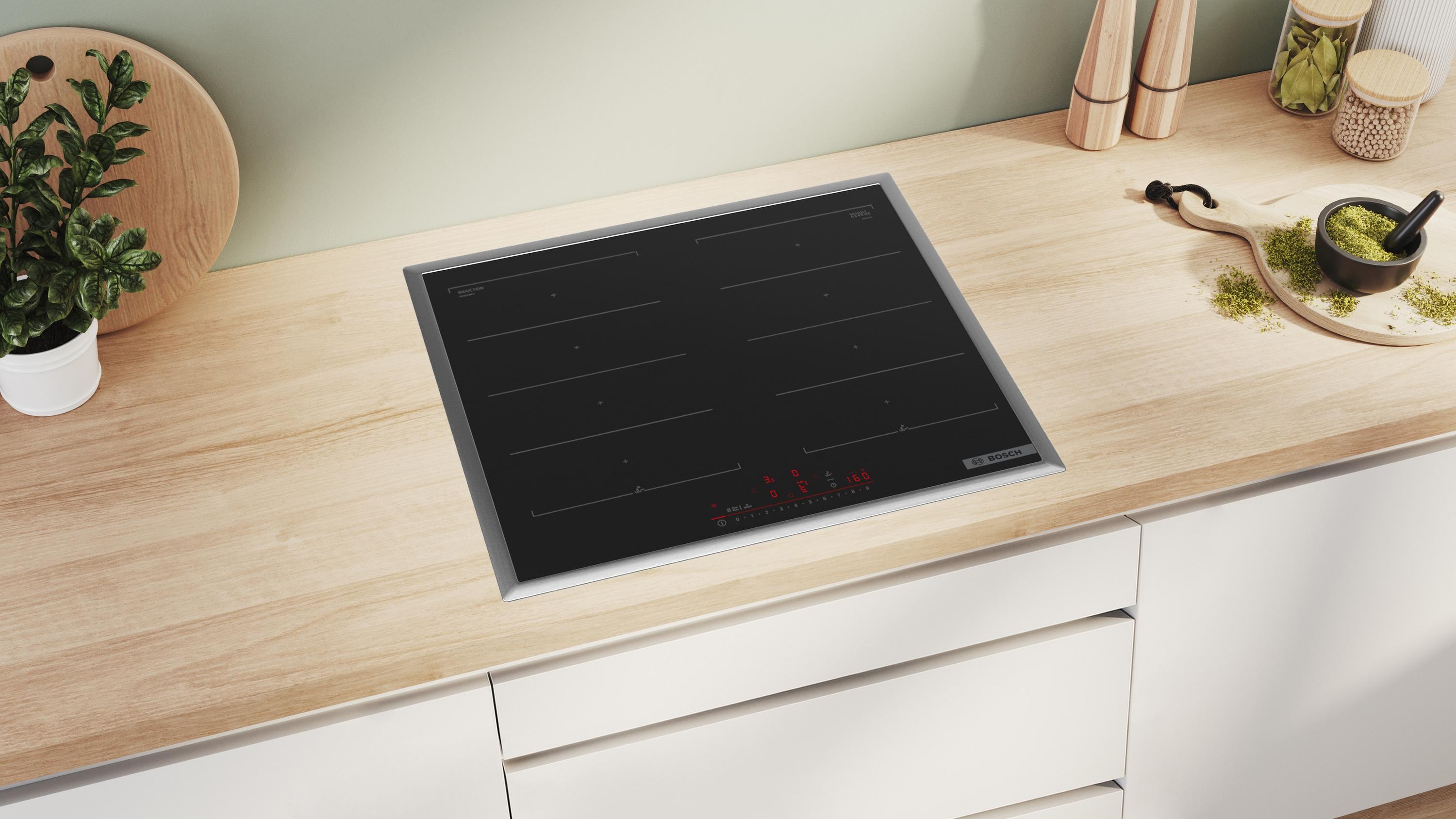Bosch PXX645HC1E Serie 6 Autarkes Induktionskochfeld, 60 cm breit, mit Rahmen aufliegend, DirectSelect, Flex Induction, Smart Hood Automatic, schwarz
