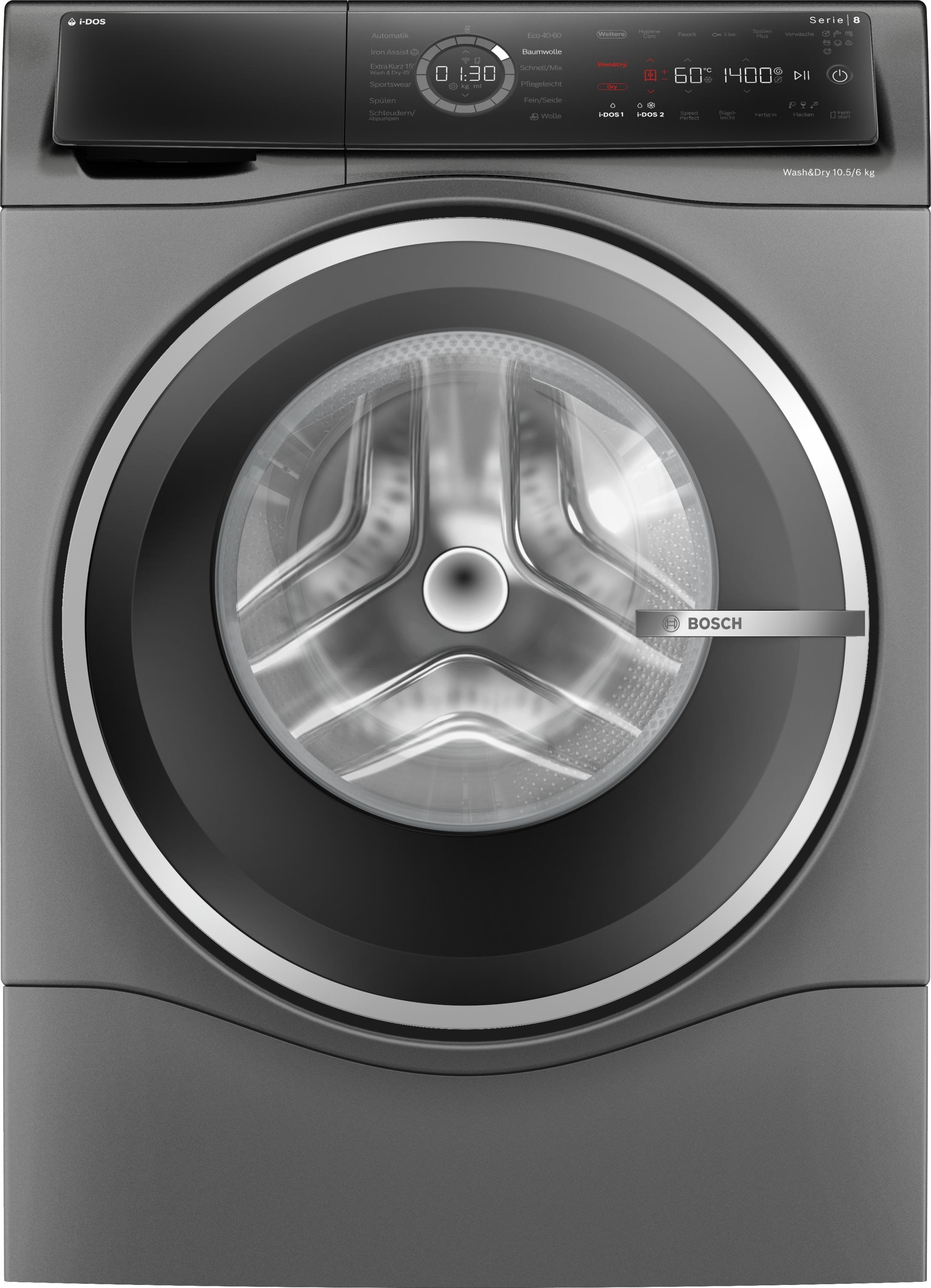 Bosch WNC254AS0 Serie 8 10,5/6 kg Waschtrockner, 1400 U/Min, 60 cm breit, Fleckenautomatik, AquaStop, Dosierautomatik i-DOS, Nachlegefunktion, Home Connect, silber-schwarzgrau