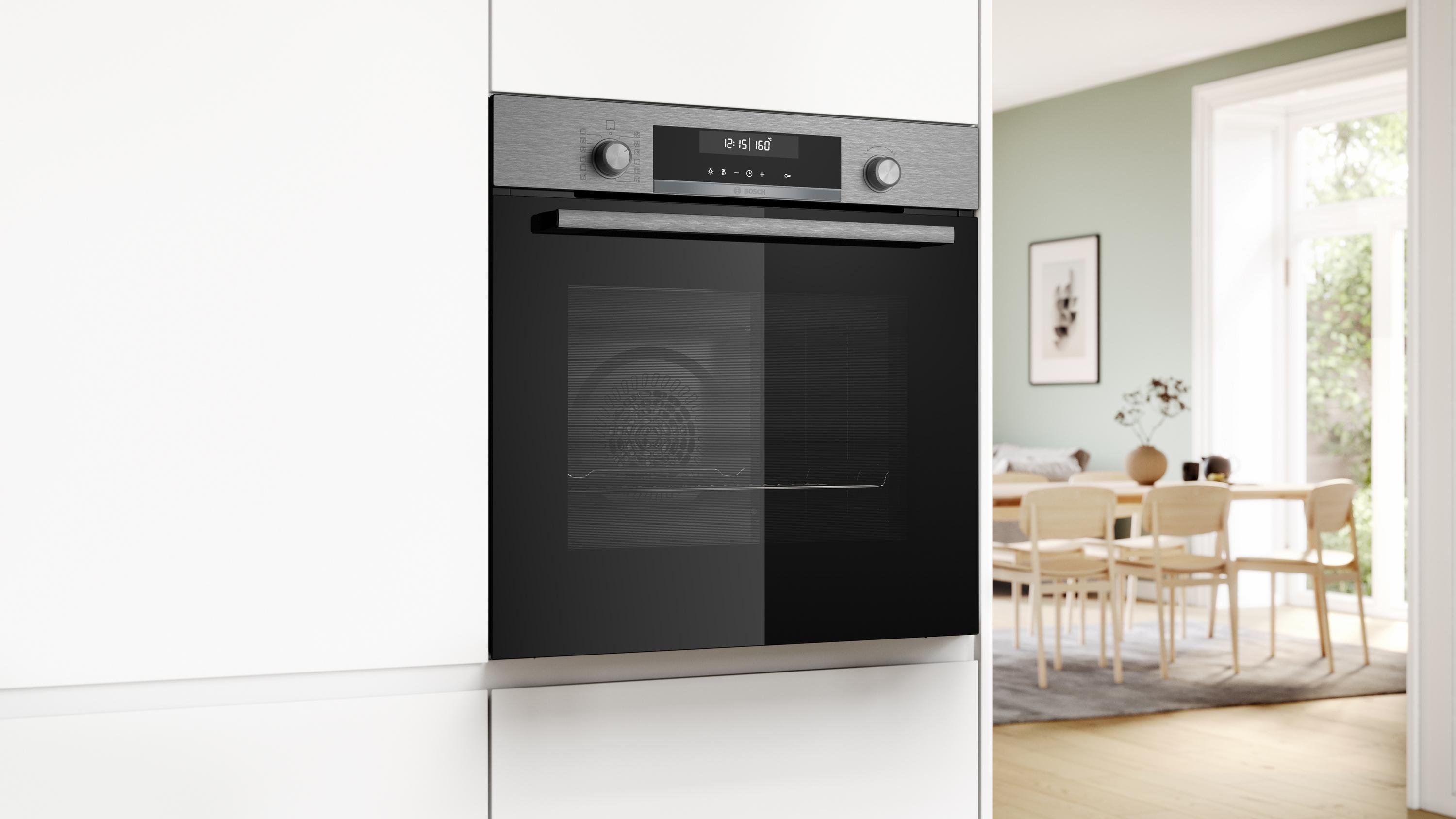 Bosch HBG578BS3 Serie 6 Einbaubackofen, 71 L, 60 cm breit, 3D-Heißluft, Versenkknebel, Pyrolytisch + Hydrolytisch, Edelstahl, A+