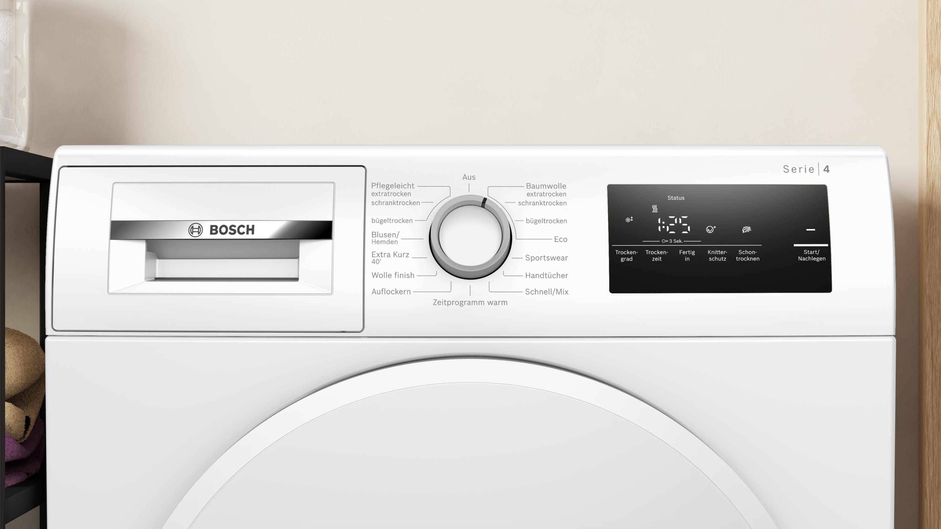 Bosch WTH83V04 Serie 4 8kg EEK: D Wärmepumpentrockner, 60 cm breit, Auto Dry, Sensitive-Drying-System, Quick-40 -Trocknen, weiß