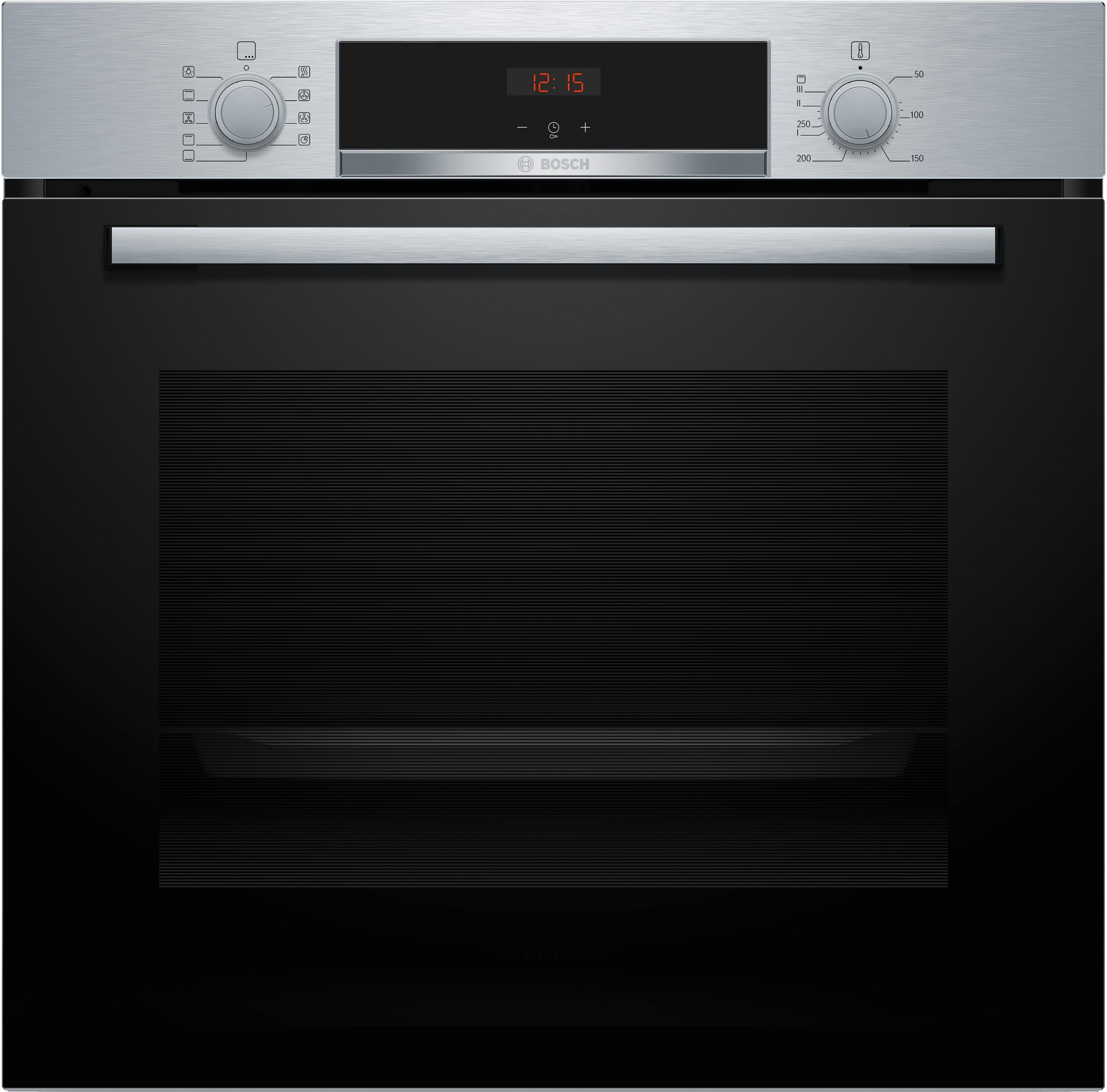 Bosch HBA514BS3 Serie 4  Einbaubackofen, 71 L, 60 cm breit, 3D-Heißluft, Hydrolytisch, Versenkknebel, Kindersicherung, Edelstahl, A+