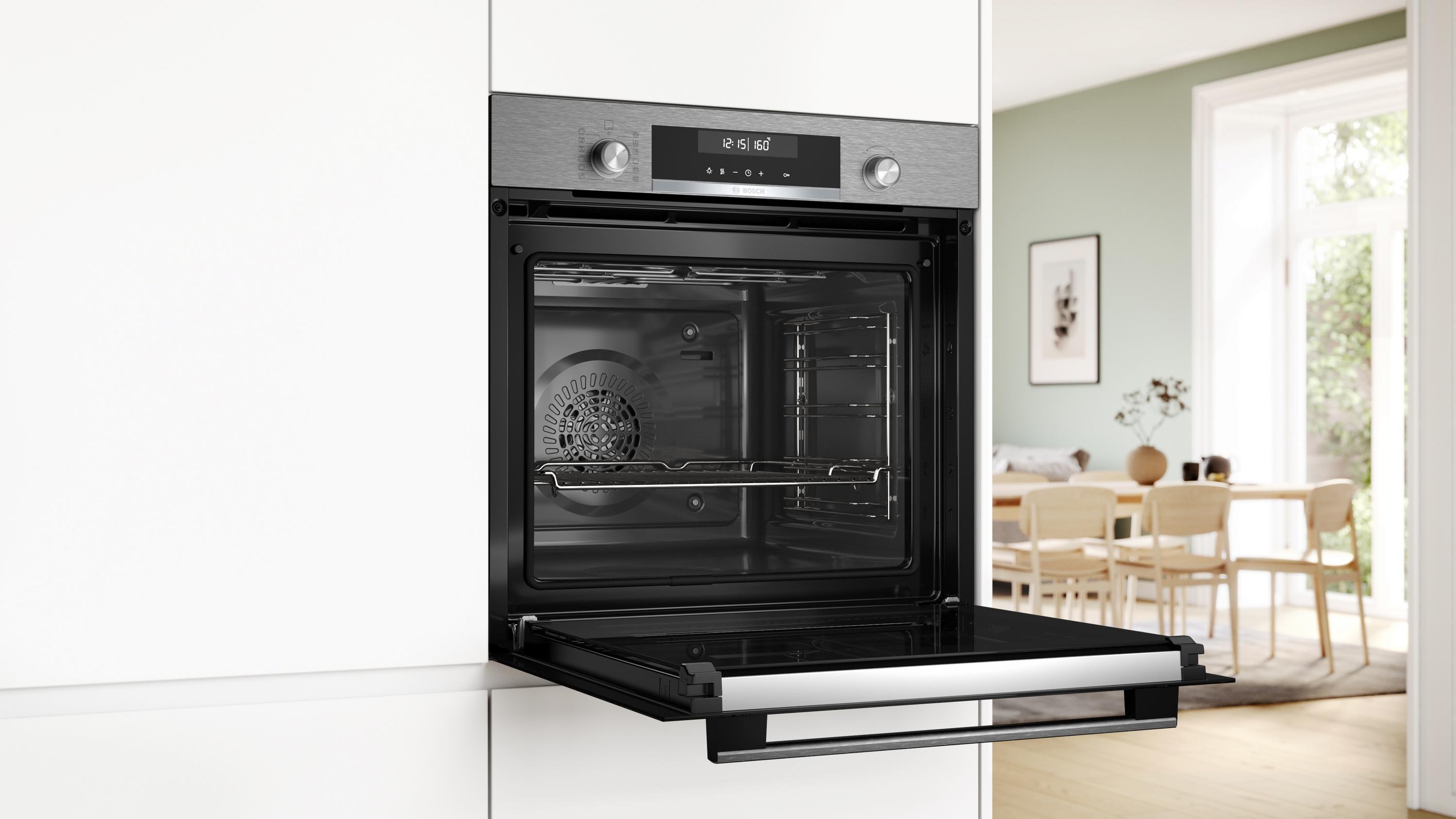 Bosch HBG578BS3 Serie 6 Einbaubackofen, 71 L, 60 cm breit, 3D-Heißluft, Versenkknebel, Pyrolytisch + Hydrolytisch, Edelstahl, A+
