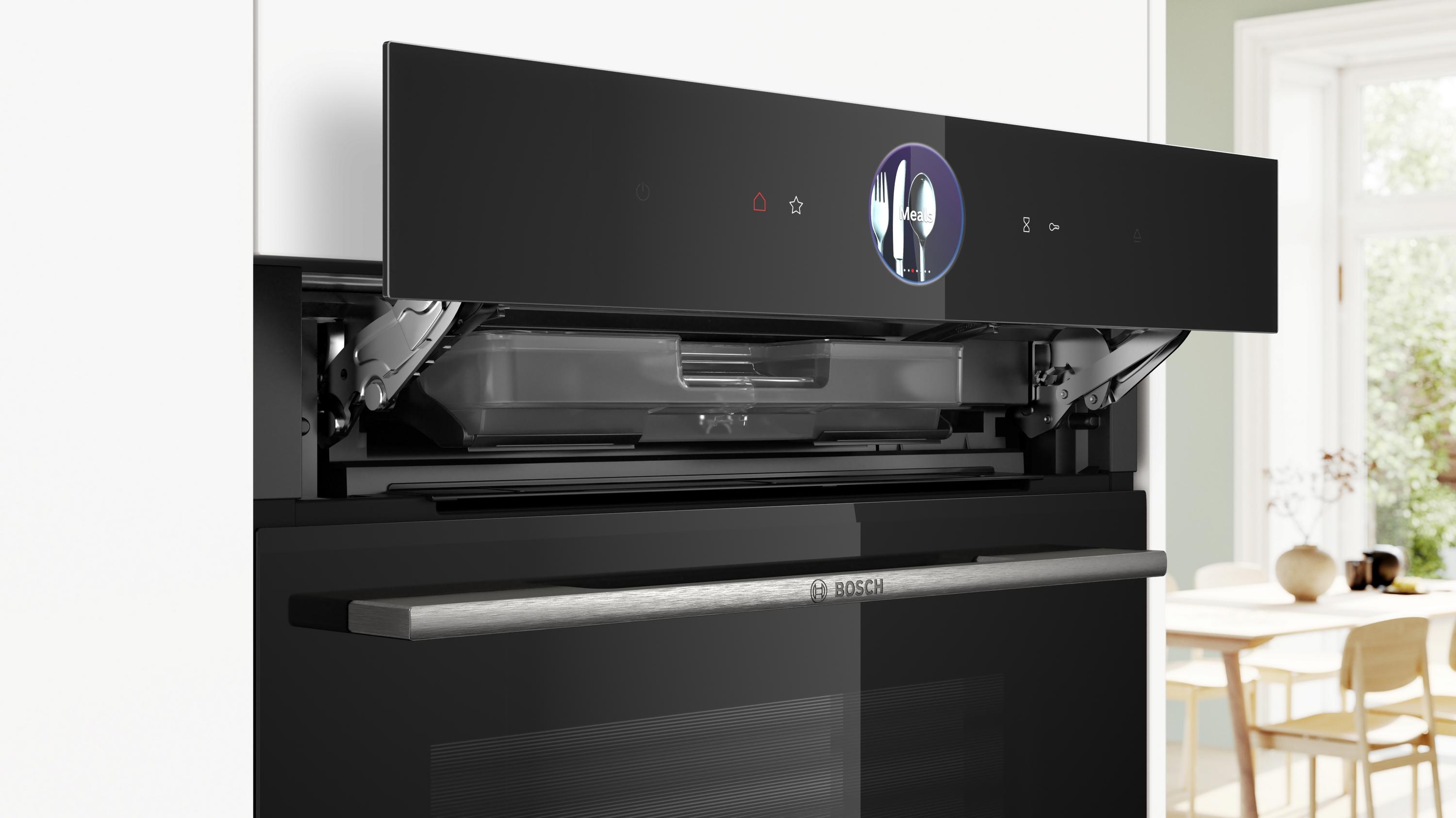 Bosch HRG7764B1 Serie 8 Einbau-Backofen mit Dampfunterstützung, 71l, Air Fry, Pyrolyse, Home Connect, digitale Bedienring, manueller Dampfstoß, schwarz. A+