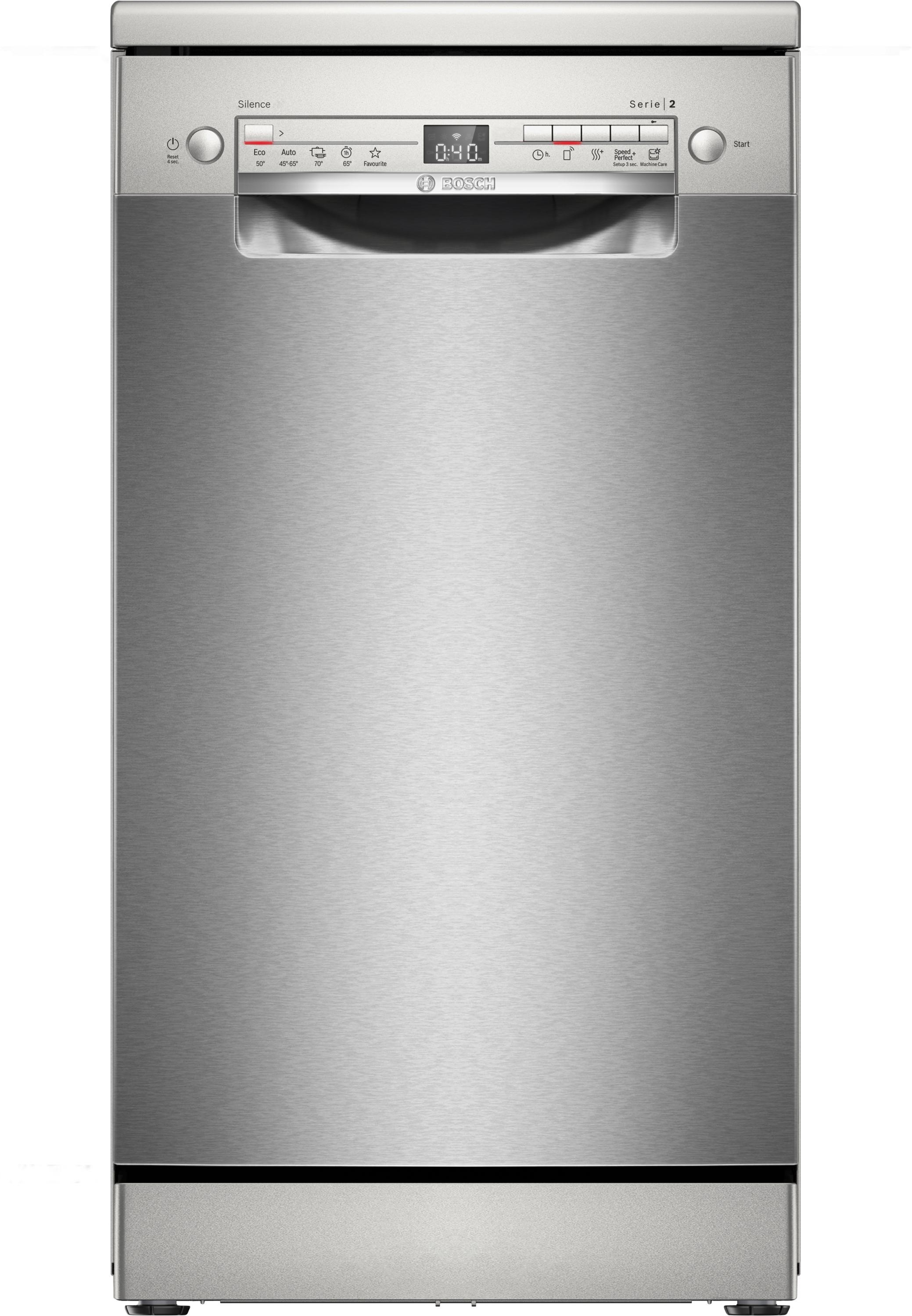 Bosch SPS2HKI42E, Serie 2, Smarter Geschirrspüler Freistehend, 45 cm breit, Silver Inox, Besteckkorb, extra Trocknung auf Knopfdruck, anti Fingerprint,