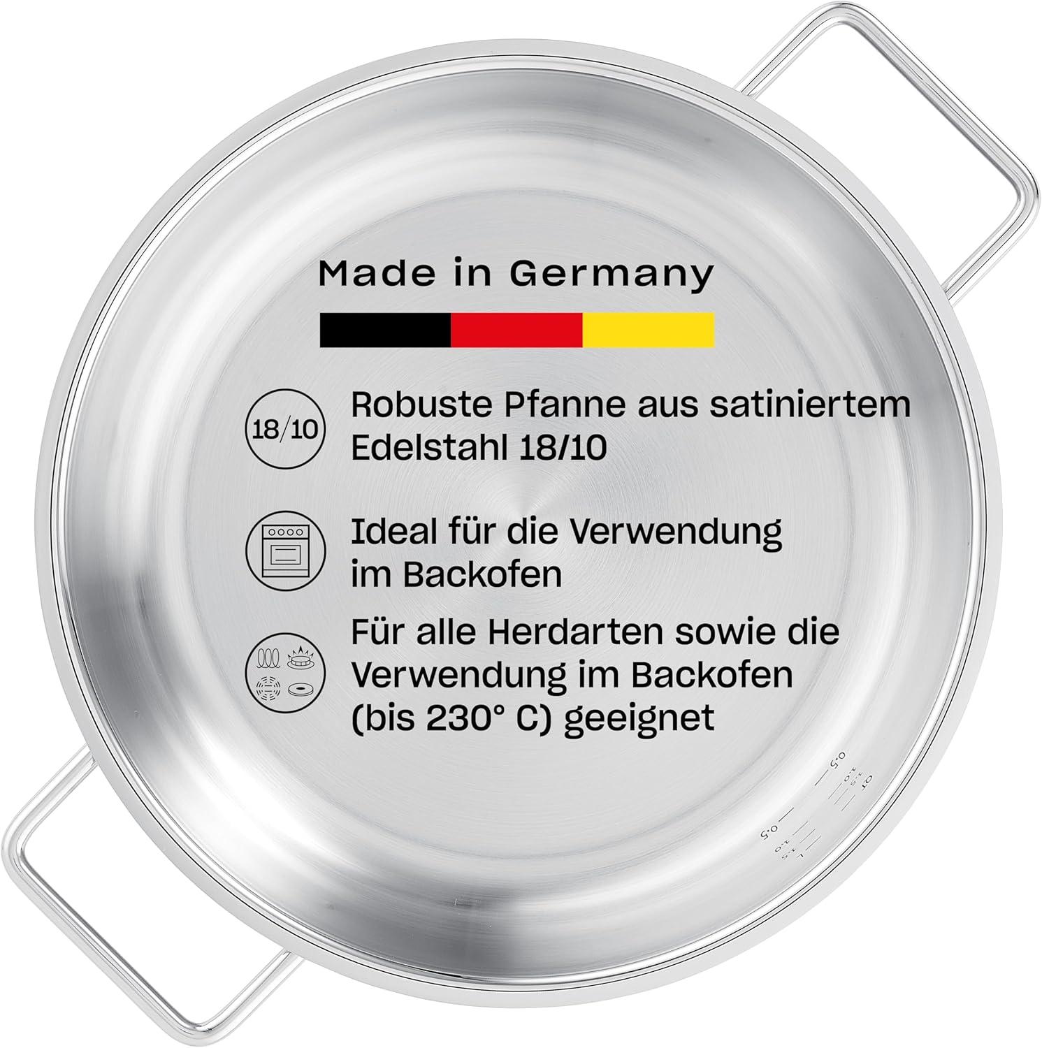 Fissler Pure Collection/Edelstahl-Servierpfanne (Ø 28 cm) unbeschichtete Brat-Pfanne, Innenskalierung, hoher Rand