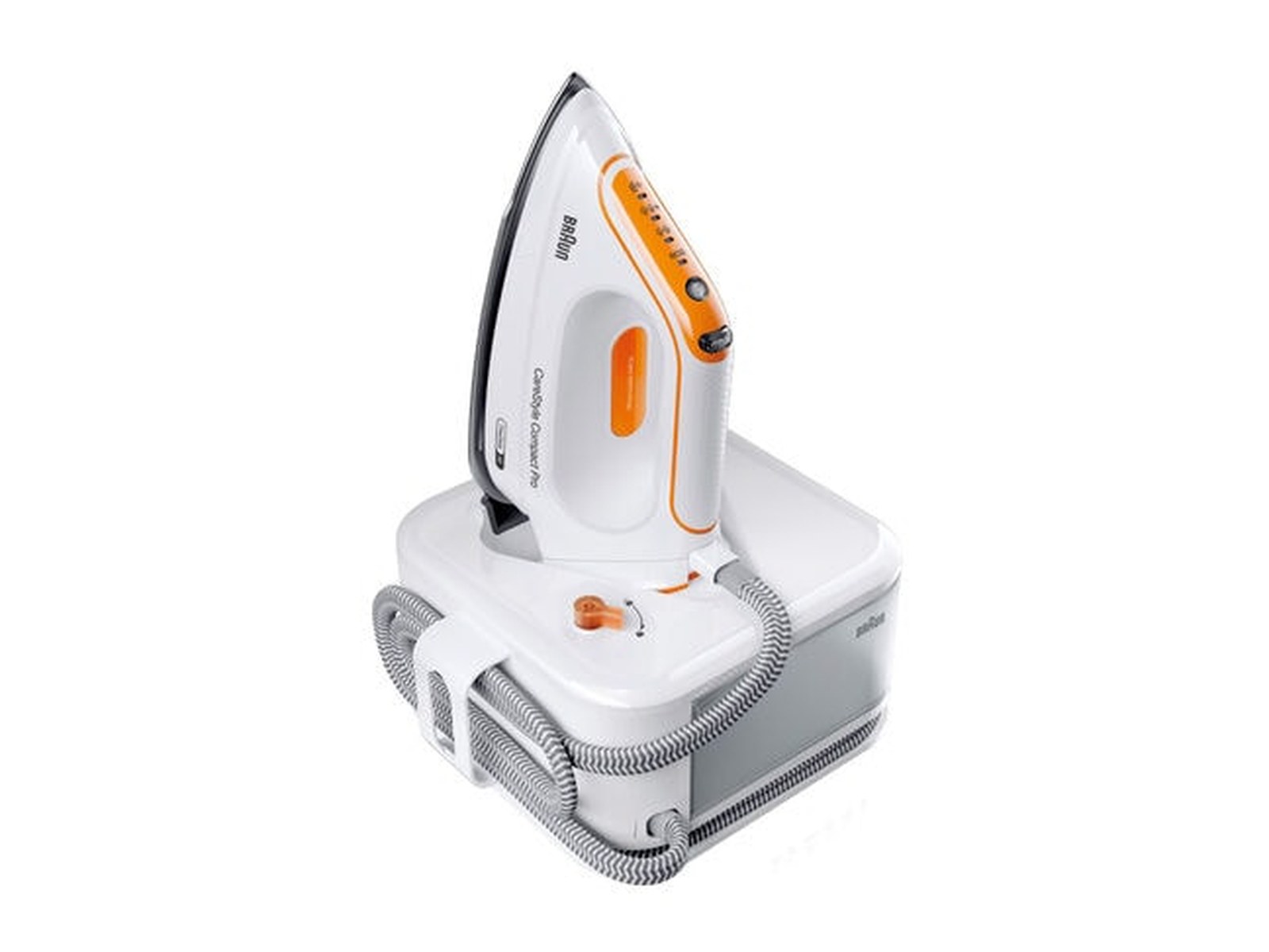 Braun IS2561WH CareStyle Compact Pro Dampfbügelstation, Dampfbügeleisen mit FreeGlide 3D Bügelsohle, Vertikaldampf, 2400W, Pumpendruck 6 bar, Weiß/Orange