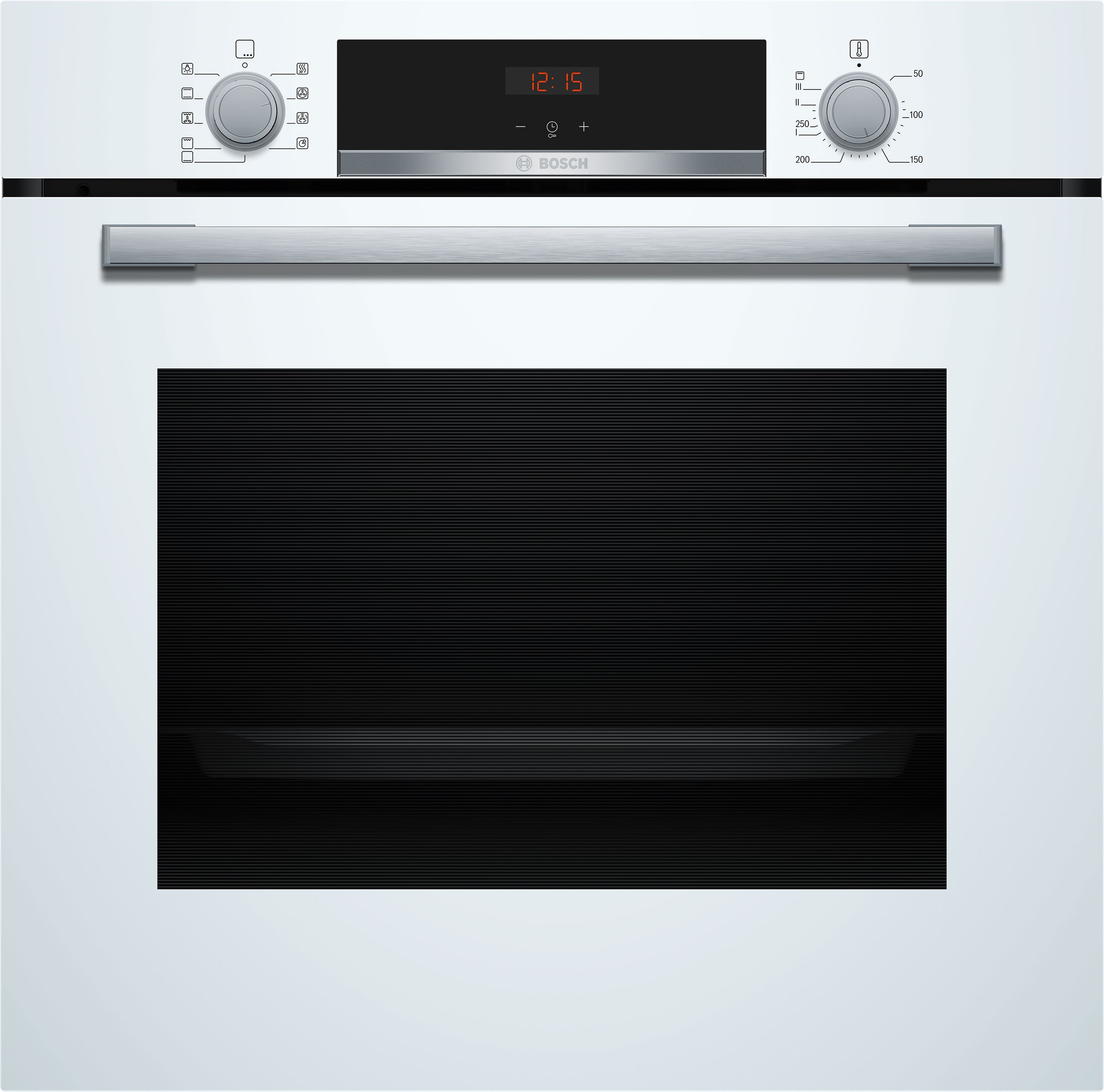Bosch HBA534BW3 weiß Einbaubackofen, 71 L, 60 cm breit, 3D-Heißluft, Hydrolytisch, Versenkknebel, Kindersicherung, Edelstahl, A+