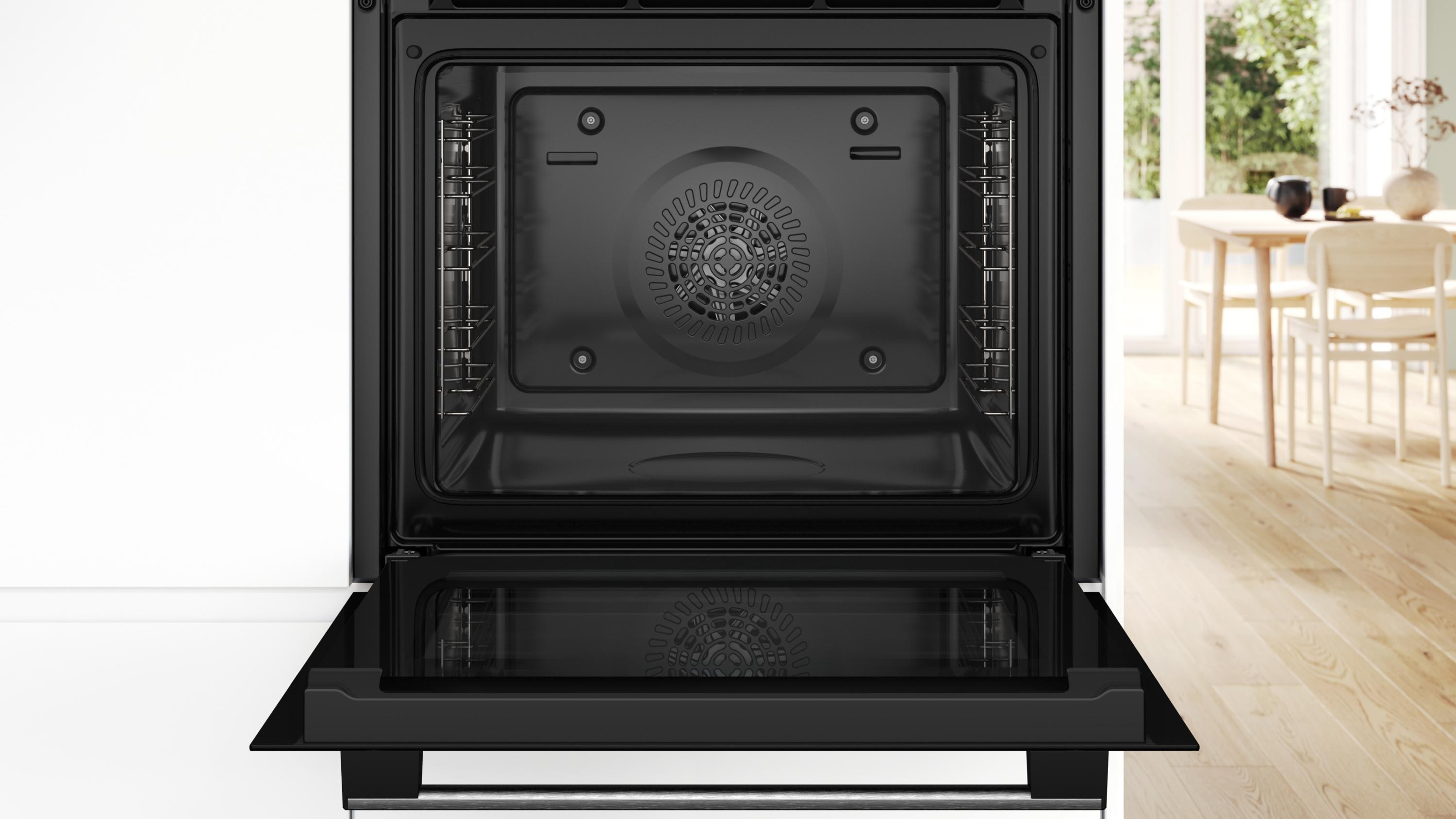 Bosch HBA514BS3 Serie 4  Einbaubackofen, 71 L, 60 cm breit, 3D-Heißluft, Hydrolytisch, Versenkknebel, Kindersicherung, Edelstahl, A+