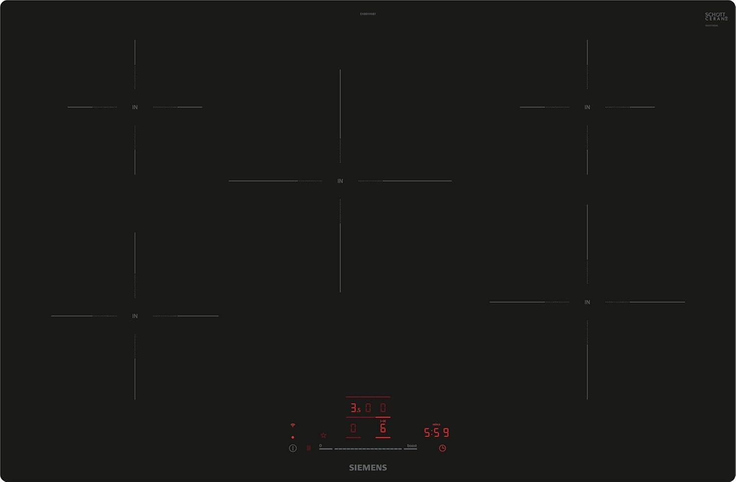 Siemens EH801HVB1E iQ100 Autarkes Induktionsfeld, Glaskeramik, 80 cm breit, TouchControl, Homeconnect, flächenbündig, 17 Leistungsstufen, powerBoost, schwarz