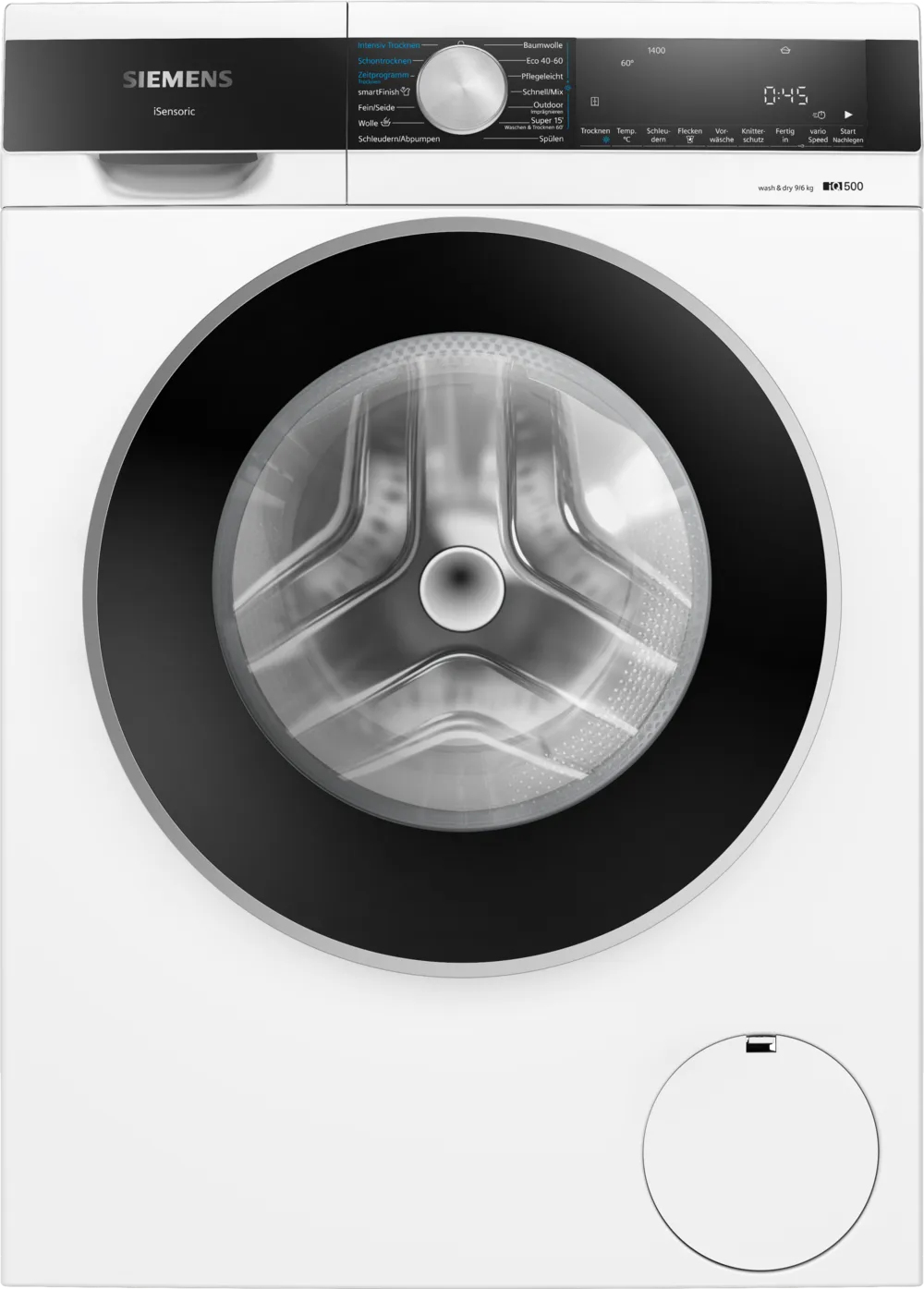 Siemens iQ500 WN44G242 Waschtrockner, 9/6 kg, 1400 U/min, smartFinish, autoDry-Technologie, speedPack L, Antiflecken-System, freistehend
