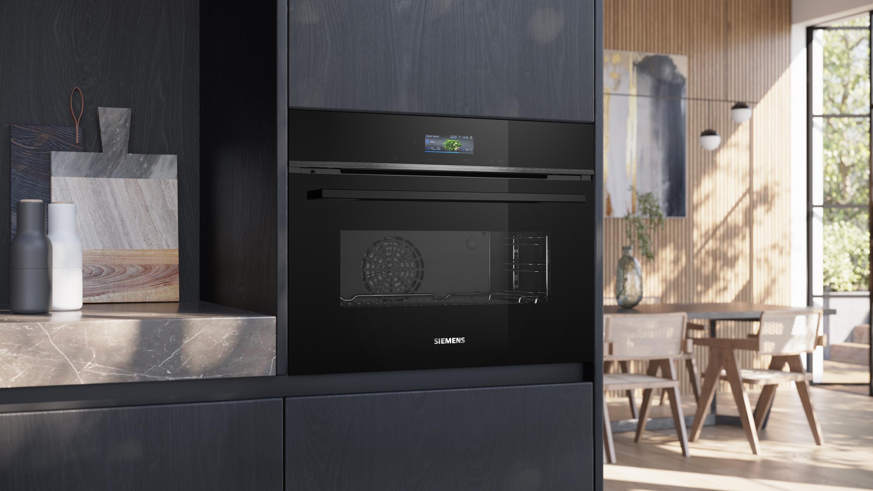 Siemens CB734G1B1 iQ700 A+ Einbaukompaktbackofen, 59,4 cm breit, 47 L, HomeConnect, Kindersicherung, TFT Touchdisplay, schwarz