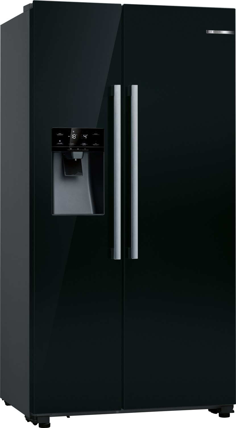 Bosch KAD93ABE Serie 6 Amerikanischer Side-by-Side, 90,8cm breit, 562L, NoFrost, SuperKühlen, Crushed Eis, Eiswürfel, Wasser, Festwasseranschluss, schwarz, E