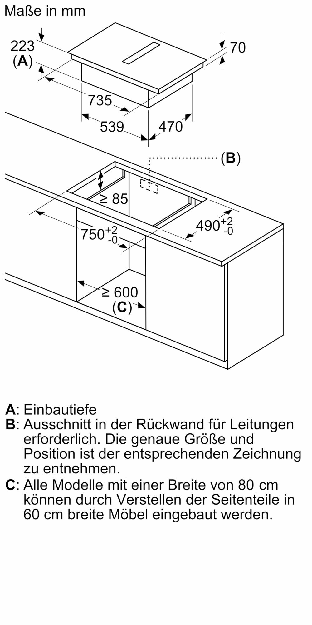 Neff V58NHQ4L0 N 70, Induktionskochfeld mit Dunstabzug, 80 cm, Rahmenlos aufliegend