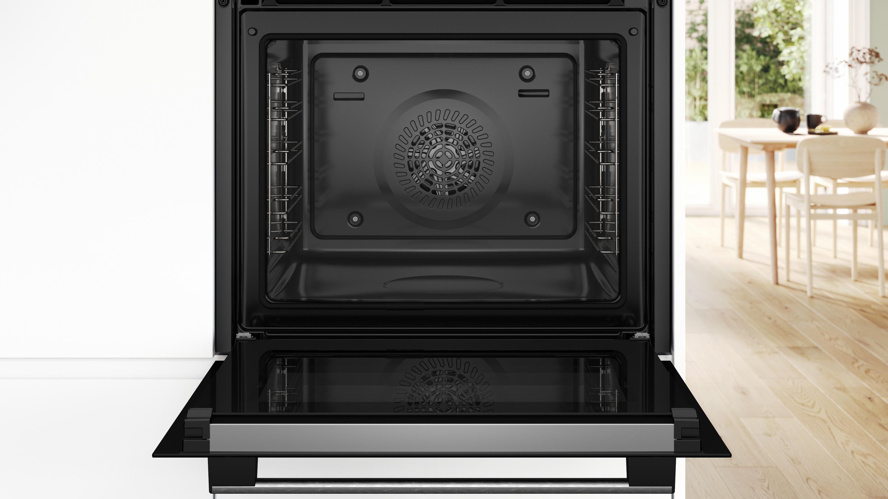 Bosch HBG578BS3 Serie 6 Einbaubackofen, 71 L, 60 cm breit, 3D-Heißluft, Versenkknebel, Pyrolytisch + Hydrolytisch, Edelstahl, A+