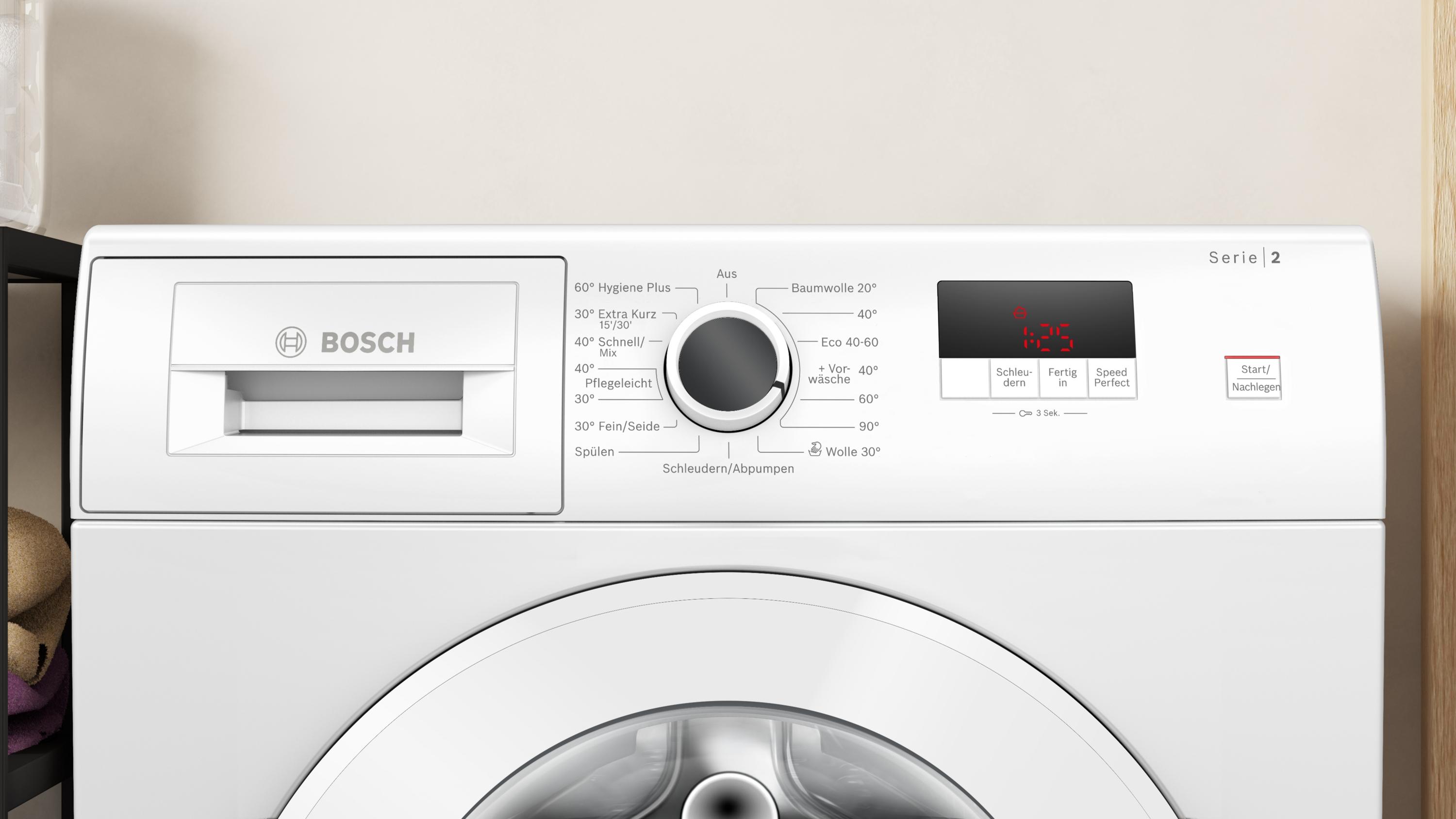 Bosch WGE02420 Serie 2 7kg Frontlader Waschmaschine, 60 cm breit, 1400 U/Min, Active Water Plus, Speed Perfect, Nachlegefunktion, Eco Silence Drive, weiß
