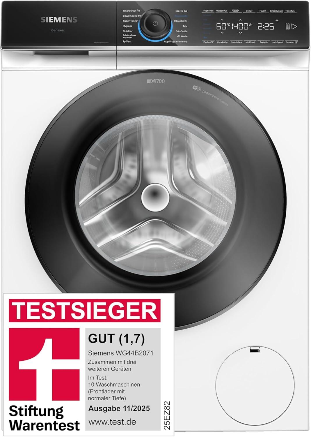 Siemens WG44B2071 iQ700 9 kg Frontlader Waschmaschine, 60 cm breit, 1400 U/min, aquaStop, speedPack XL, Antiflecken-System, smartFinish, Outdoor-Programm, Mini load, Home Connect, weiß