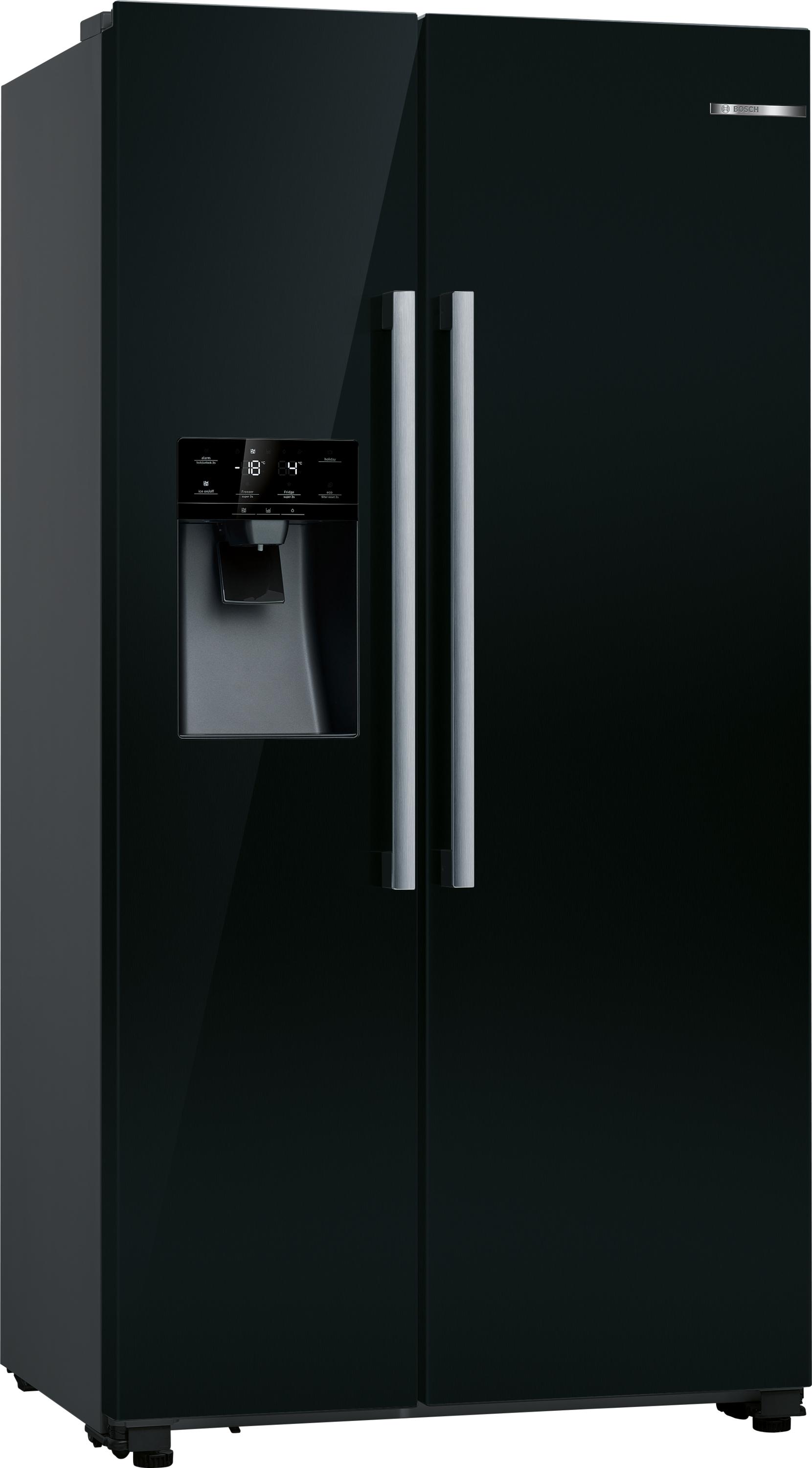 Bosch KAD93ABE Serie 6 Amerikanischer Side-by-Side, 90,8cm breit, 562L, NoFrost, SuperKühlen, Crushed Eis, Eiswürfel, Wasser, Festwasseranschluss, schwarz, E
