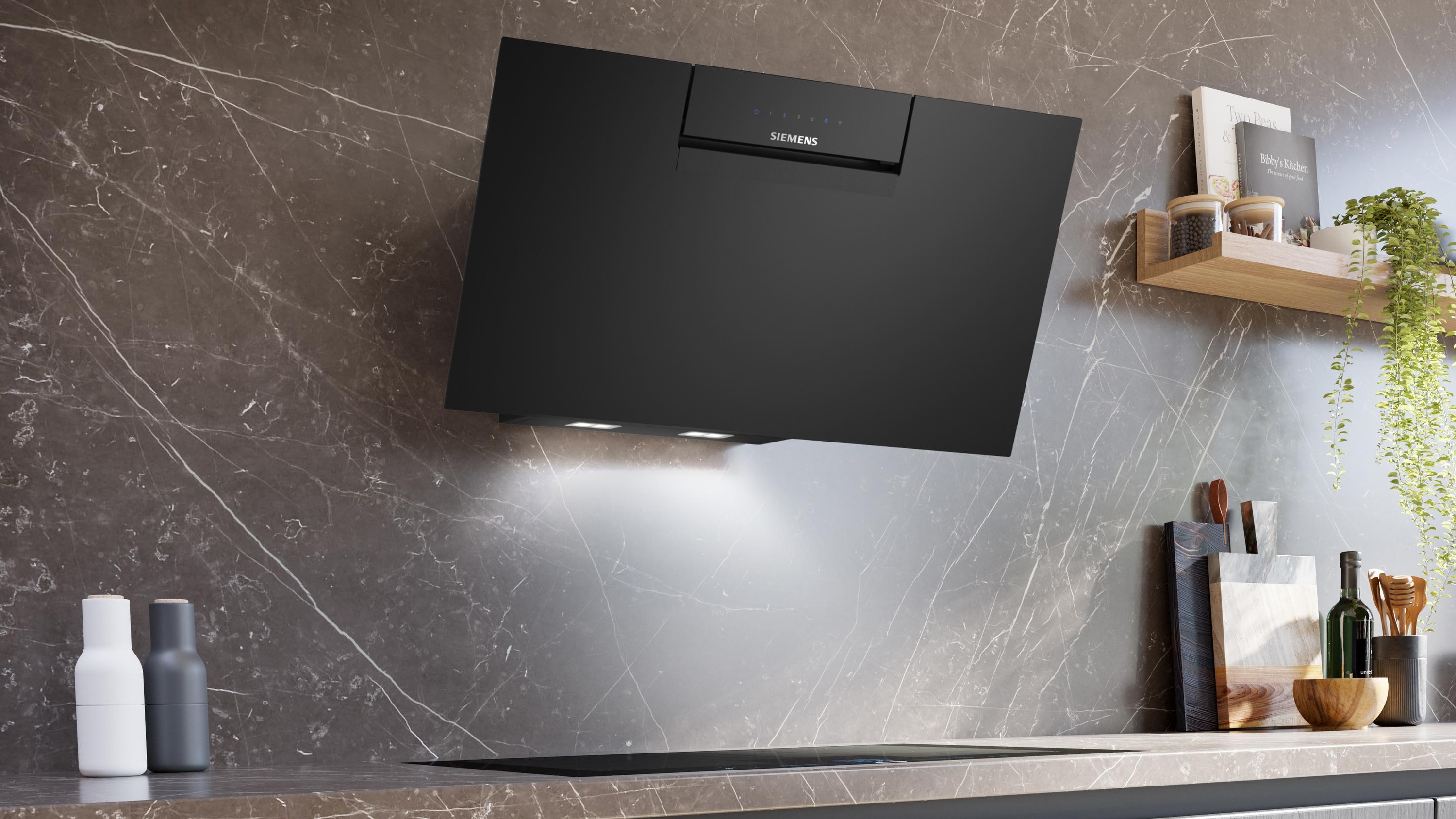 Siemens LC87KFN60 iQ300  Kopffreihaube, 80 cm breit, 768 m³/h, cook Connect System, iQdrive Motor, Leistung 3-stufig + 1 Intensiv, Klarglas, schwarz bedruckt