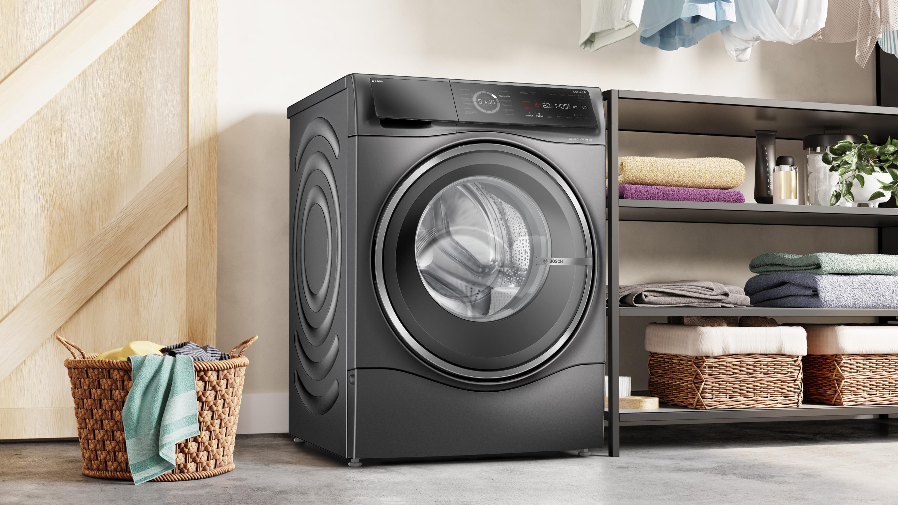 Bosch WNC254AS0 Serie 8 10,5/6 kg Waschtrockner, 1400 U/Min, 60 cm breit, Fleckenautomatik, AquaStop, Dosierautomatik i-DOS, Nachlegefunktion, Home Connect, silber-schwarzgrau