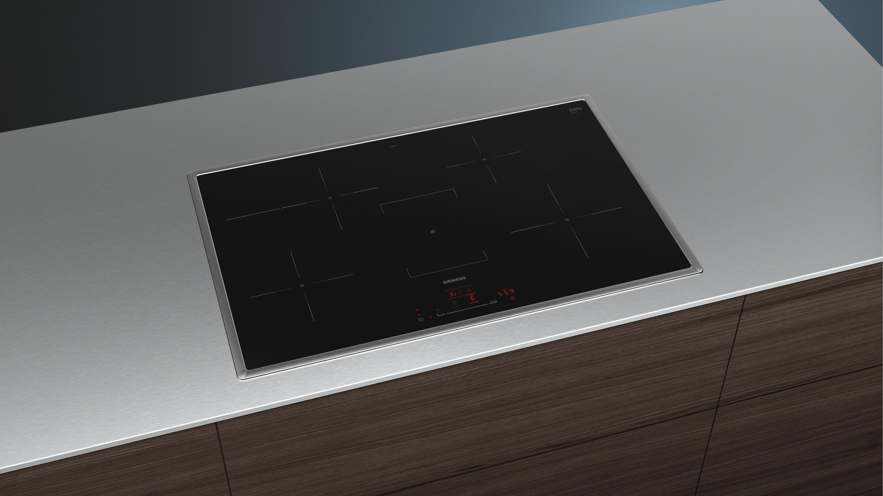 Siemens EH845HFB1E iQ300 Autarkes Induktionskochfeld, Glaskeramik, 80 cm breit, 17 Leistungsstufen, powerBoost, quickStart, Edelstahlrahmen, schwarz