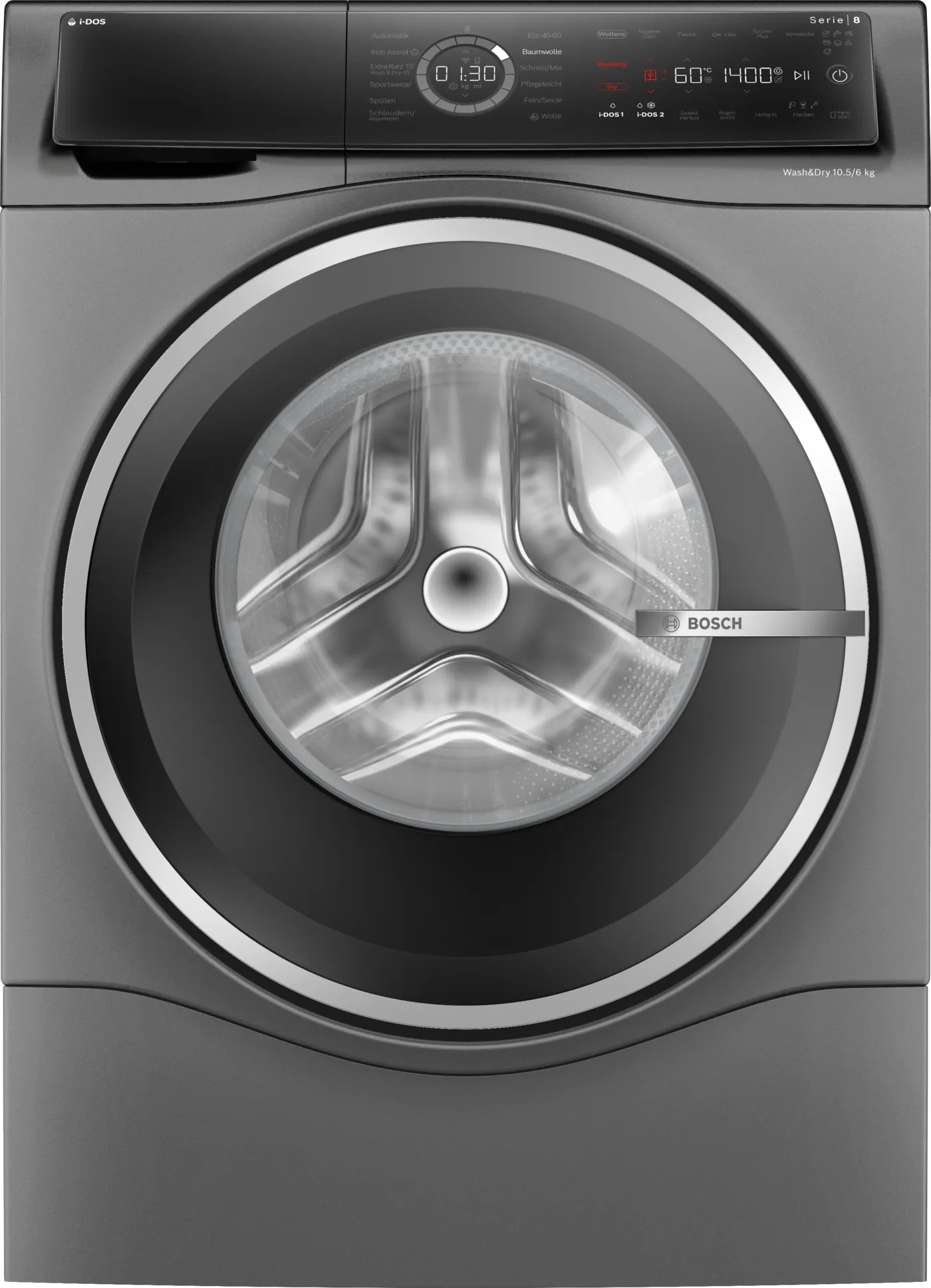 Bosch WNC254AS0 Serie 8 10,5/6 kg Waschtrockner, 1400 U/Min, 60 cm breit, Fleckenautomatik, AquaStop, Dosierautomatik i-DOS, Nachlegefunktion, Home Connect, silber-schwarzgrau