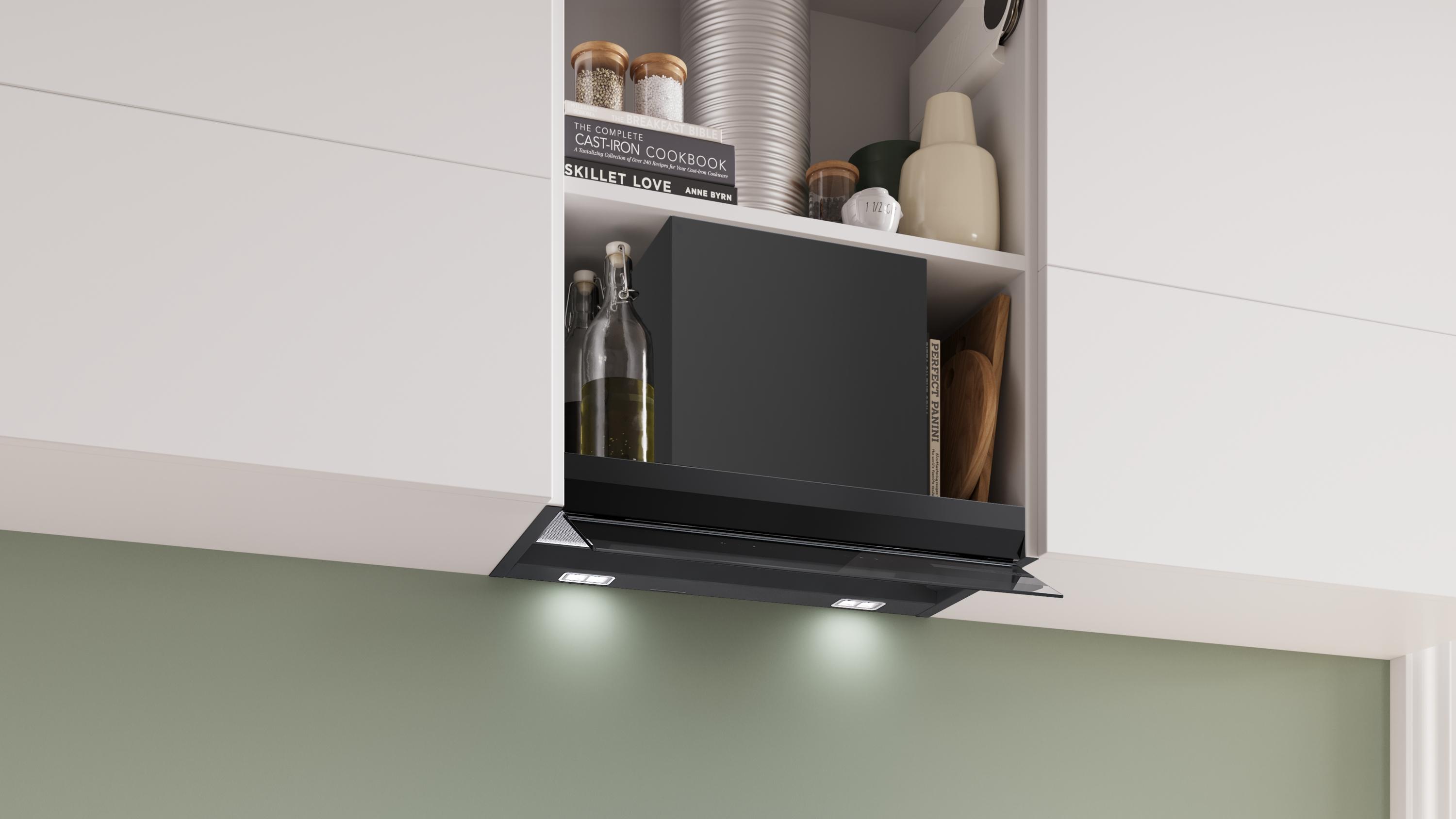 Bosch DBB67DP60 Serie 6, Integrierte Designhaube, 60 cm, Klarglas schwarz bedruckt, Mattschwarz