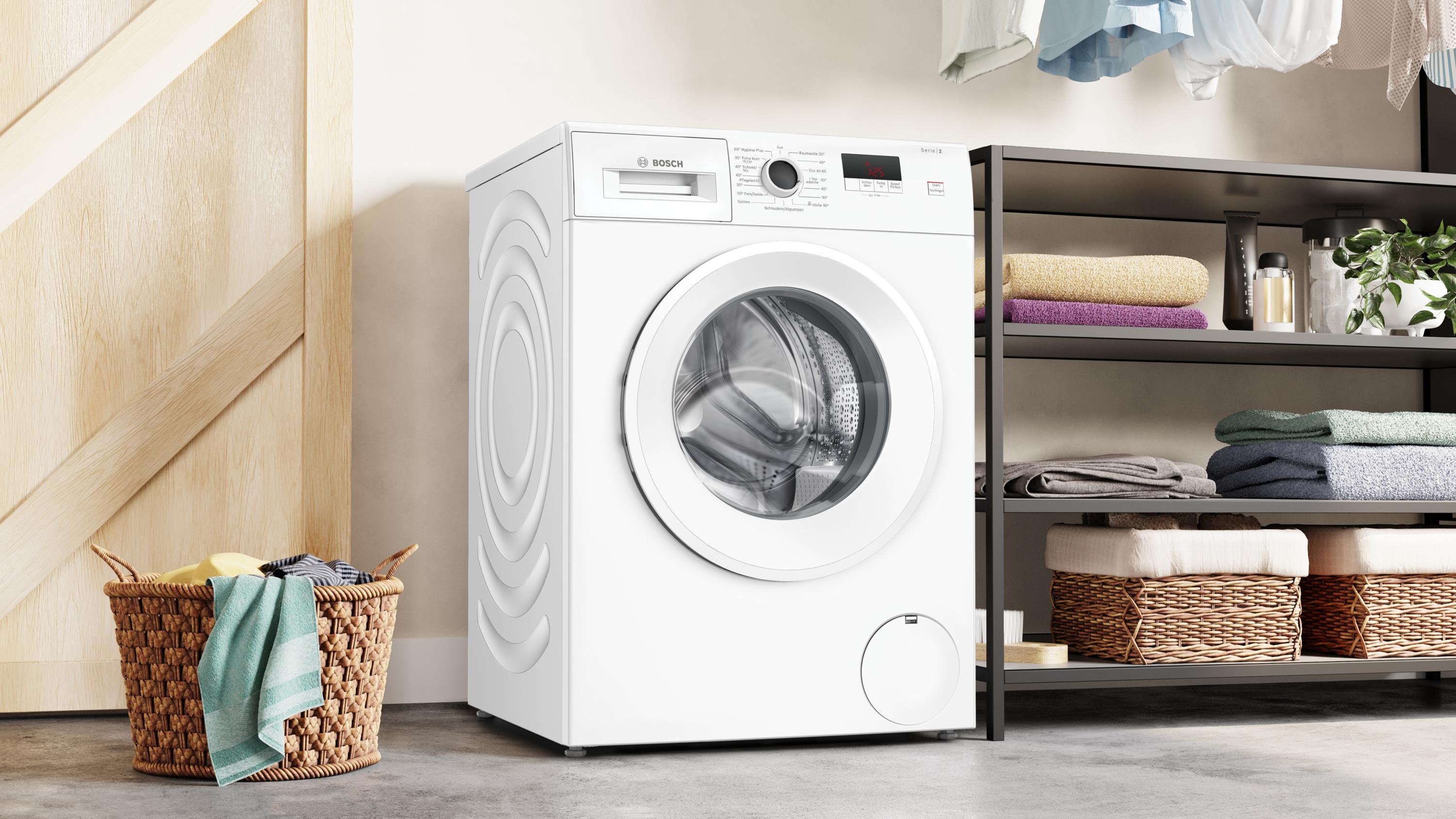 Bosch WGE02420 Serie 2 7kg Frontlader Waschmaschine, 60 cm breit, 1400 U/Min, Active Water Plus, Speed Perfect, Nachlegefunktion, Eco Silence Drive, weiß