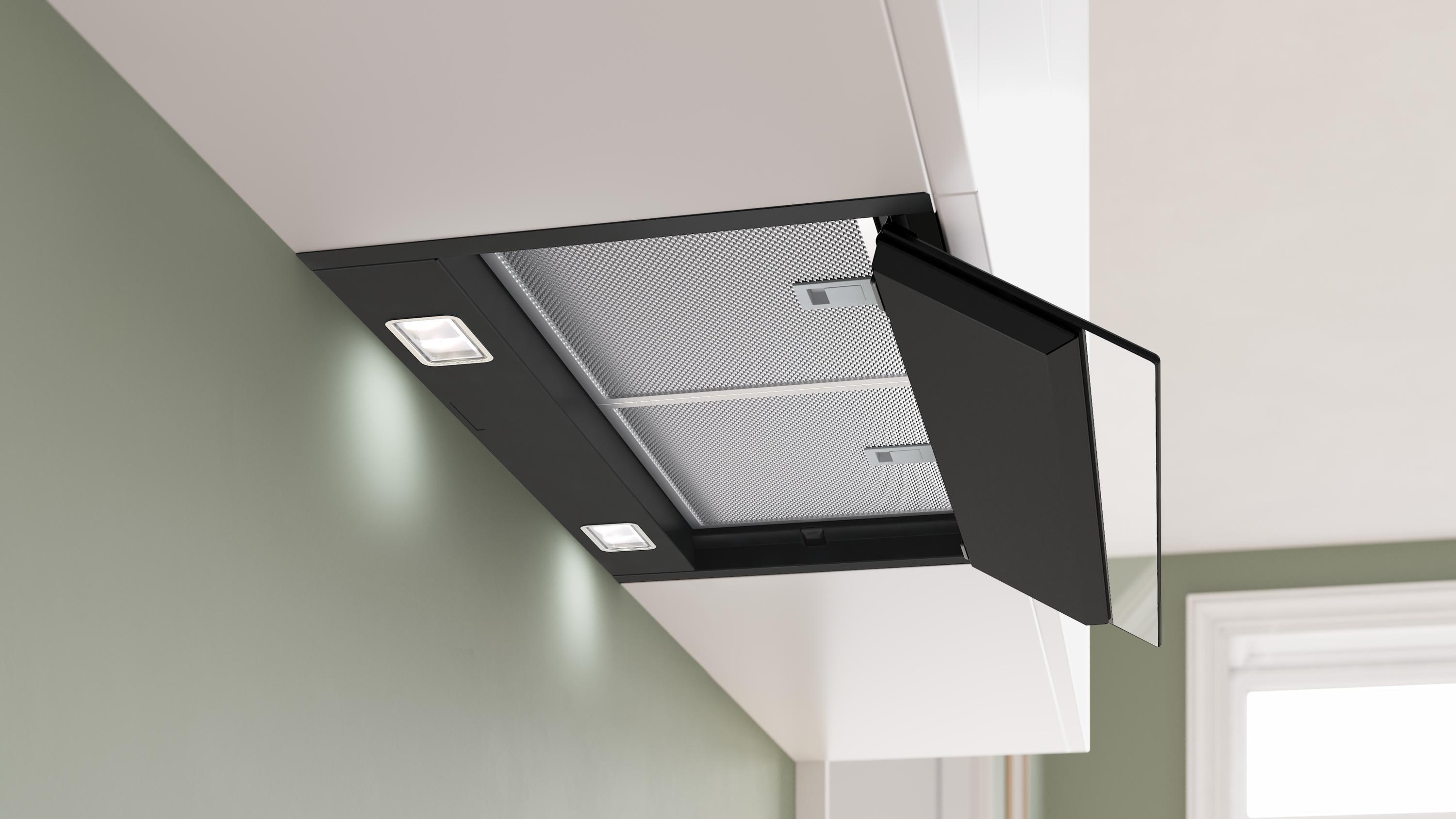 Bosch DBB67DP60 Serie 6, Integrierte Designhaube, 60 cm, Klarglas schwarz bedruckt, Mattschwarz
