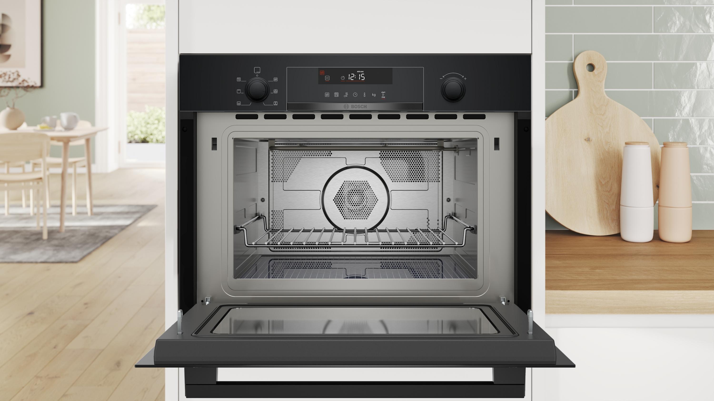 Bosch CMA585GB1 Einbau Mikrowelle, 900W, Nischenhöhe 458 mm, 44 L, AutoPilot 15, Reinigungsoption, LCD-Display, Versenkknebel, Heißluft, Kindersicherung, schwarz