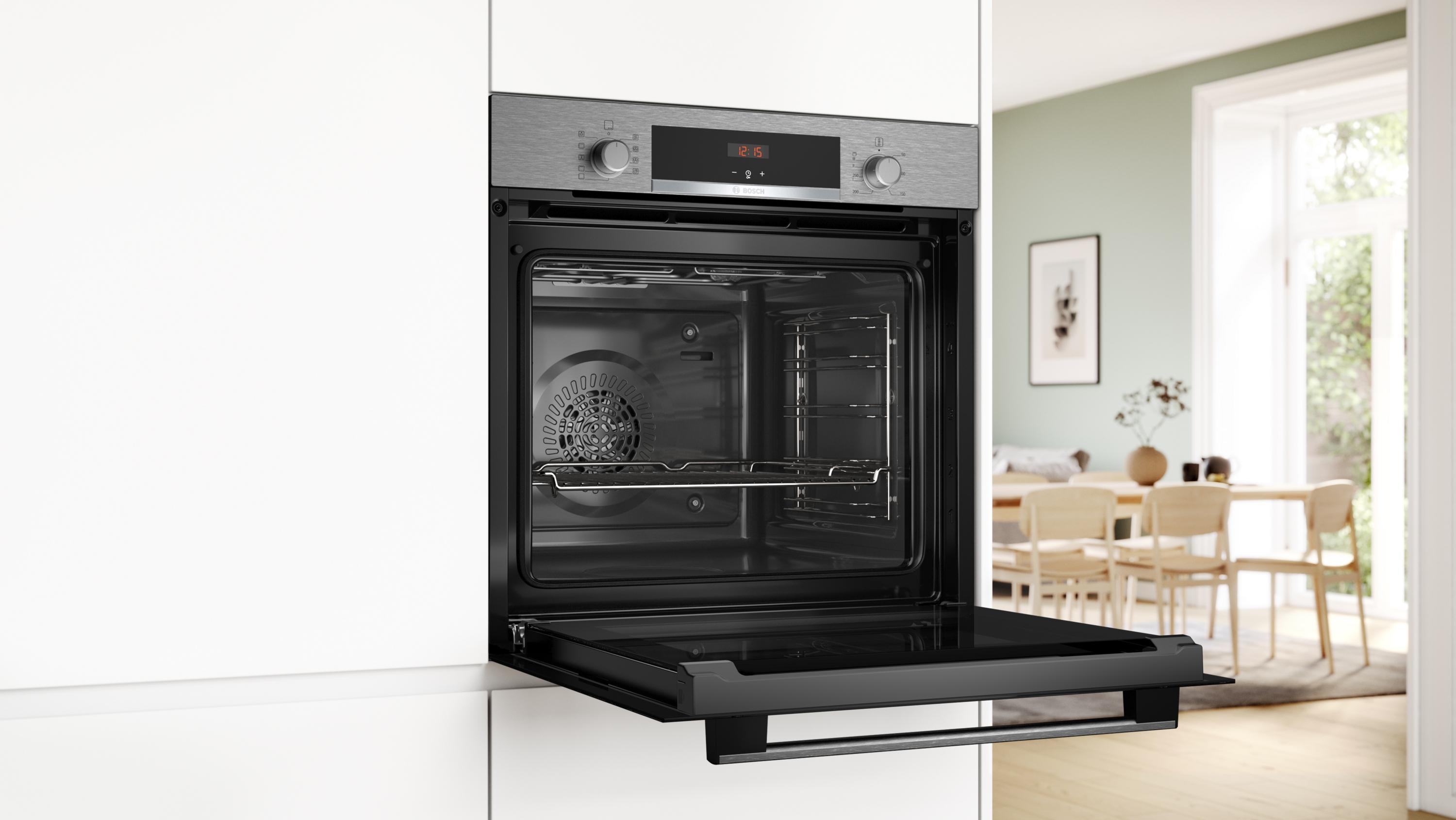 Bosch HBA514BS3 Serie 4  Einbaubackofen, 71 L, 60 cm breit, 3D-Heißluft, Hydrolytisch, Versenkknebel, Kindersicherung, Edelstahl, A+