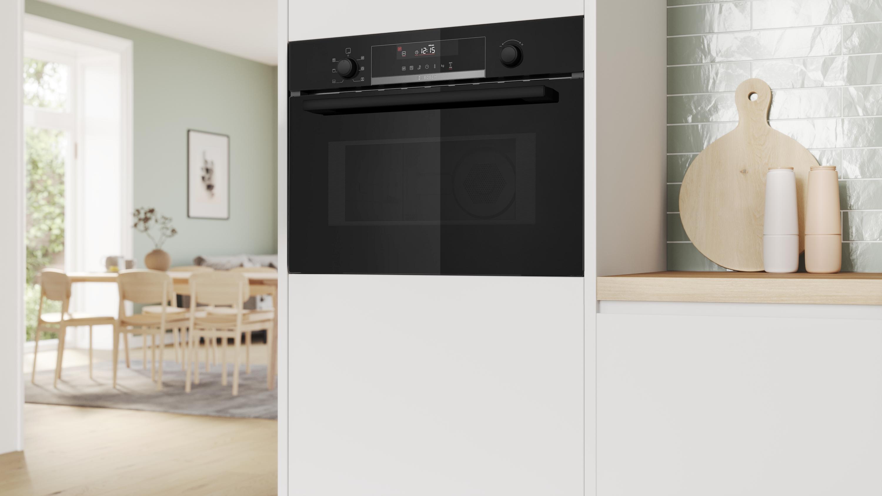 Bosch CMA585GB1 Einbau Mikrowelle, 900W, Nischenhöhe 458 mm, 44 L, AutoPilot 15, Reinigungsoption, LCD-Display, Versenkknebel, Heißluft, Kindersicherung, schwarz