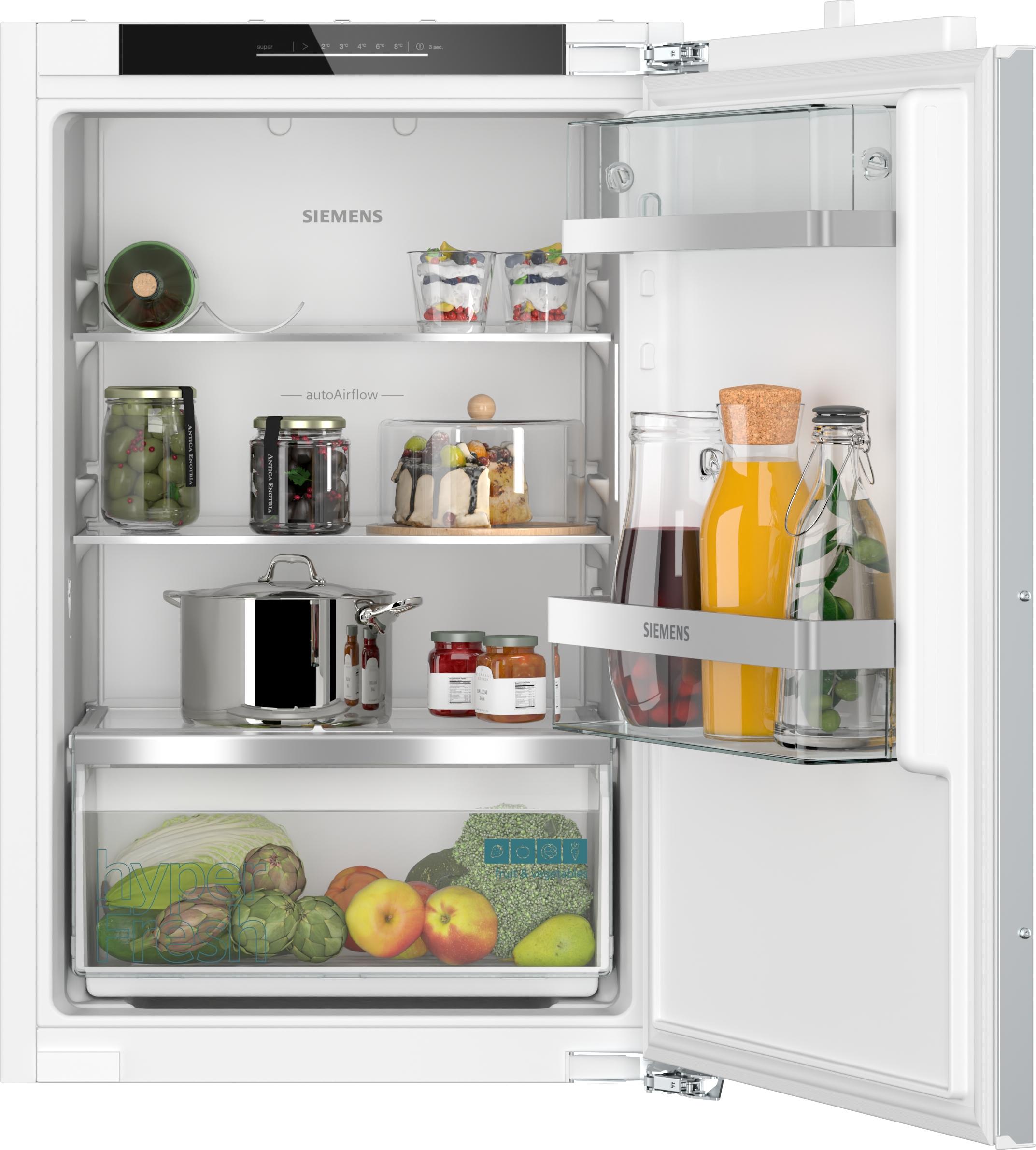 Siemens KI21RADD1 iQ500 Einbaukühlschrank, Nischenhöhe: 88 cm, 136 L, Flachscharnier-Technik, hyperFresh, LED-Beleuchtung, Softeinzug, weiß